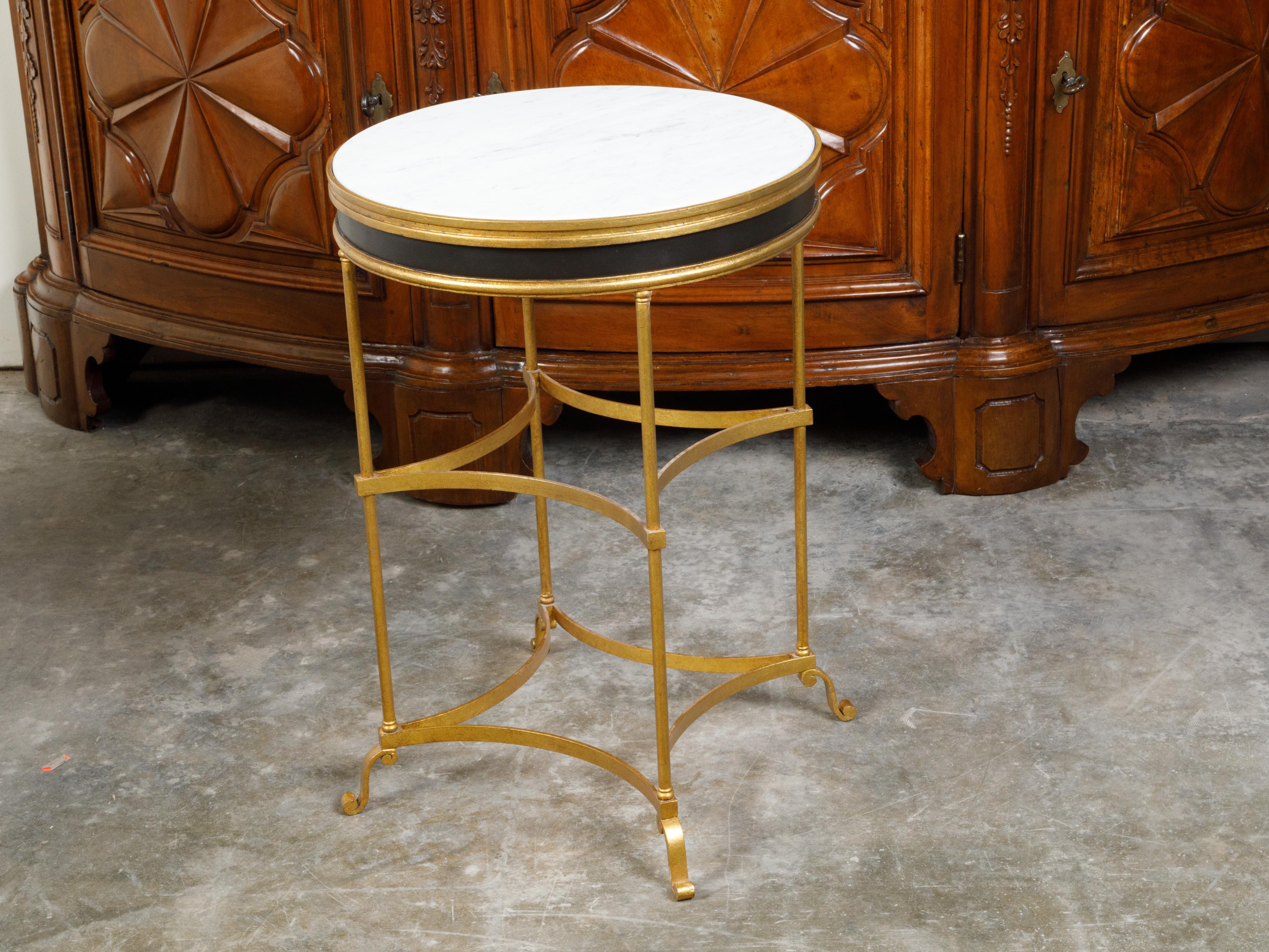 Italian Midcentury Gilt Metal Table with Marble Top and In-Curving Stretchers For Sale 3