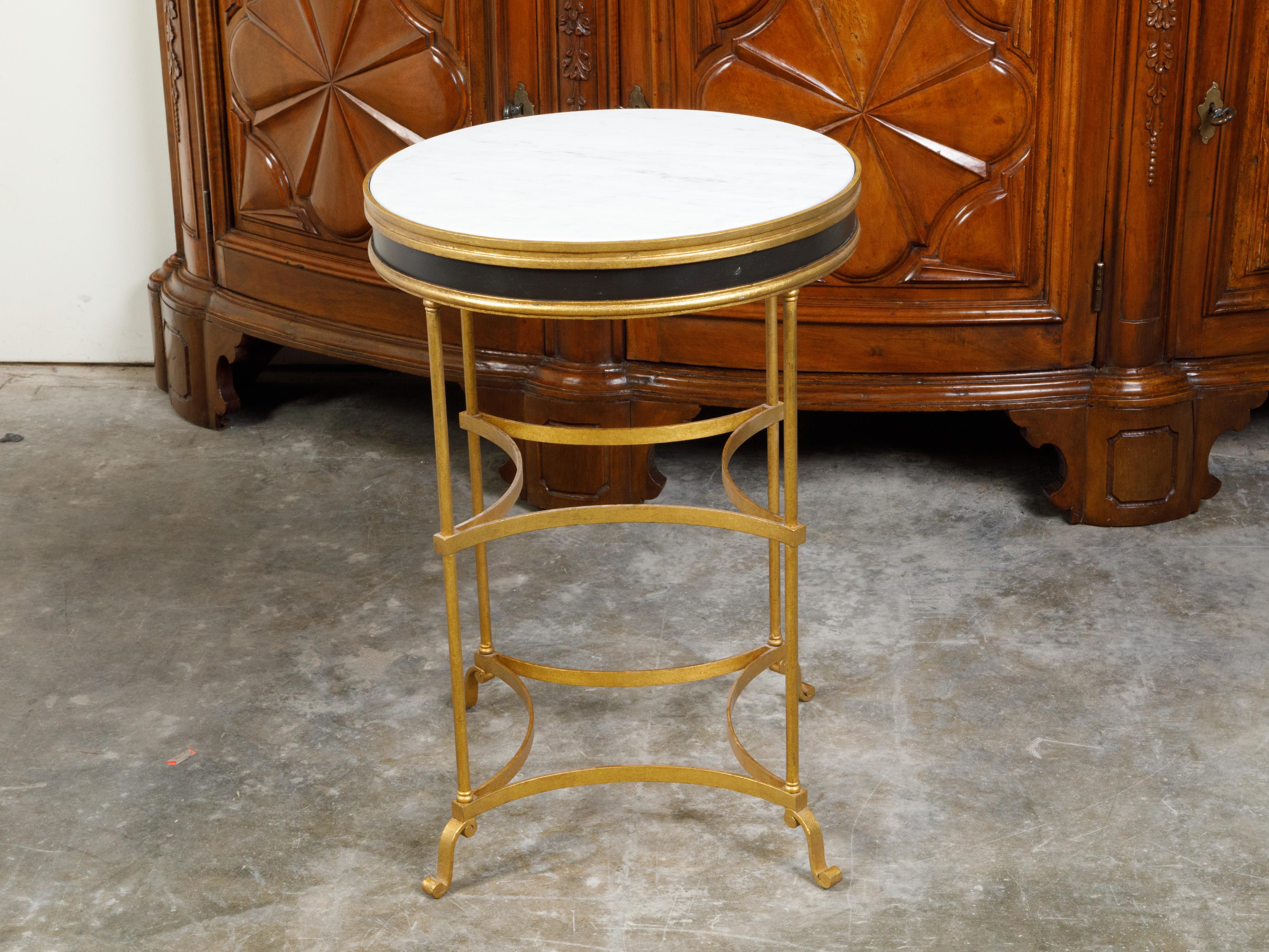 Italian Midcentury Gilt Metal Table with Marble Top and In-Curving Stretchers For Sale 4