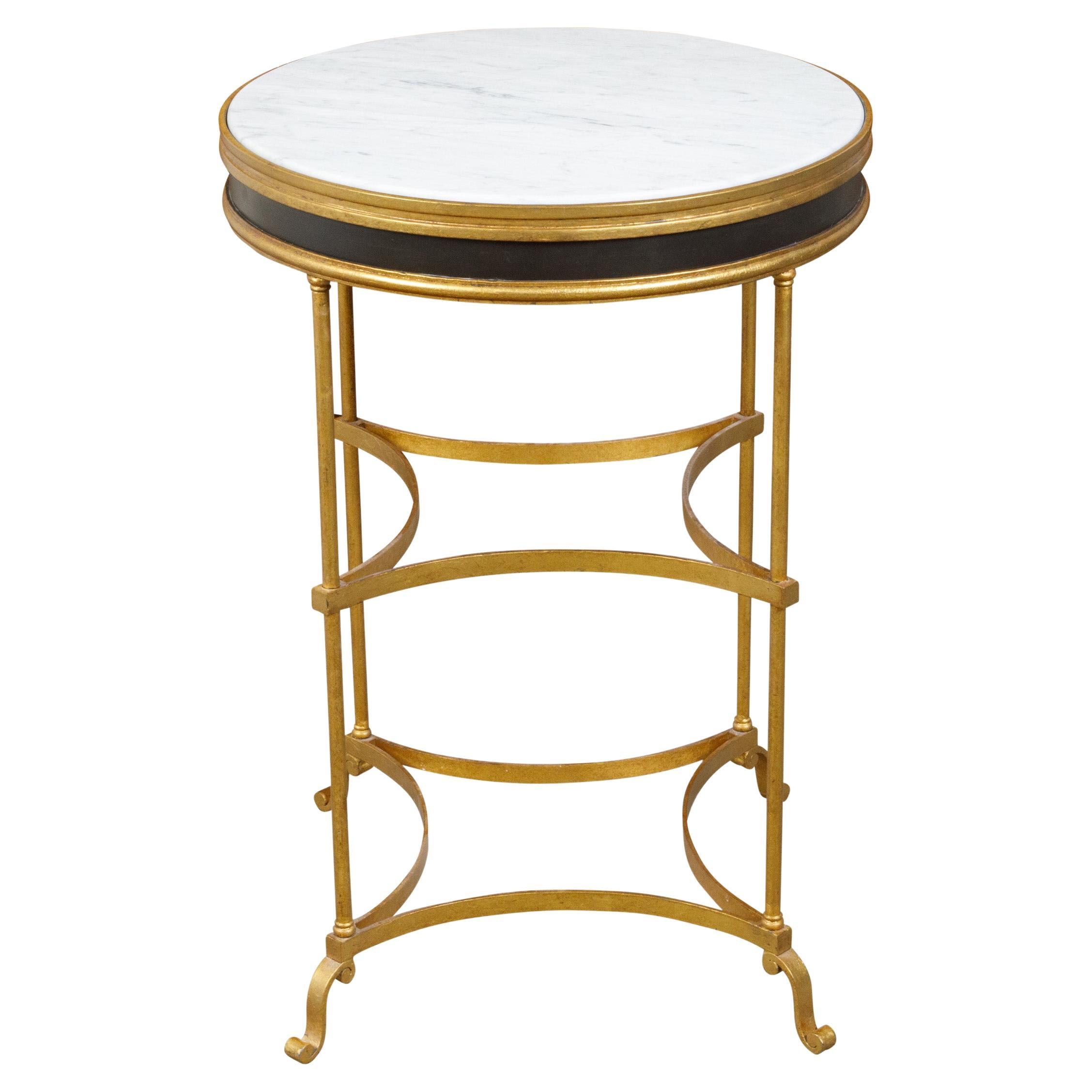 Italian Midcentury Gilt Metal Table with Marble Top and In-Curving Stretchers For Sale