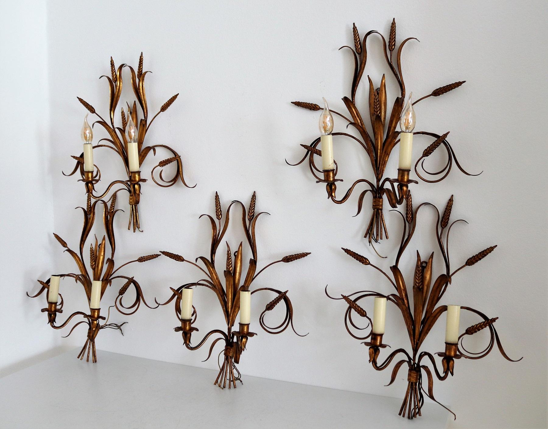 Italian Midcentury Gilt Tole Wall Sconces with Wheat Sheaf, 1950s, Set of Five For Sale 6