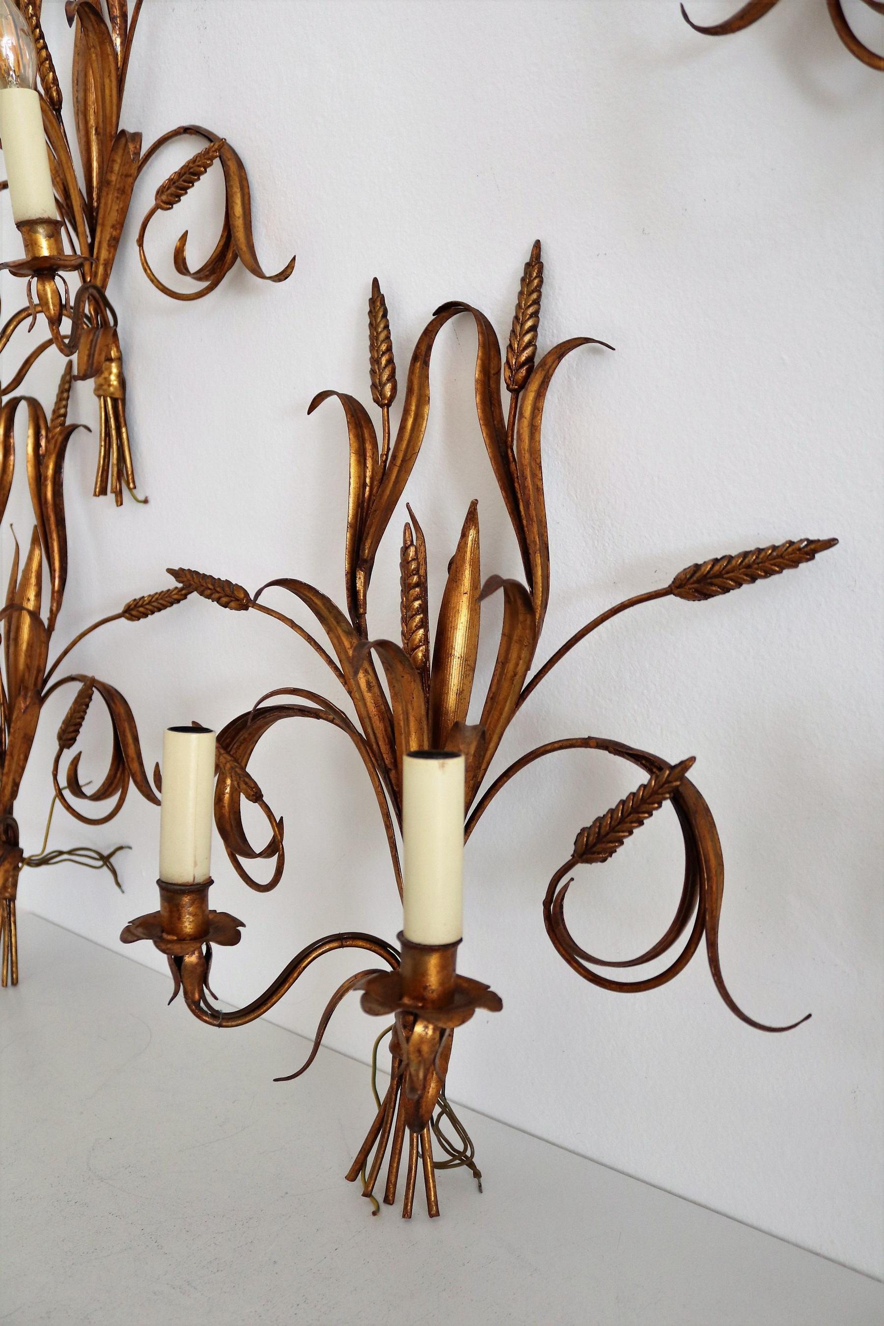 Italian Midcentury Gilt Tole Wall Sconces with Wheat Sheaf, 1950s, Set of Five For Sale 7