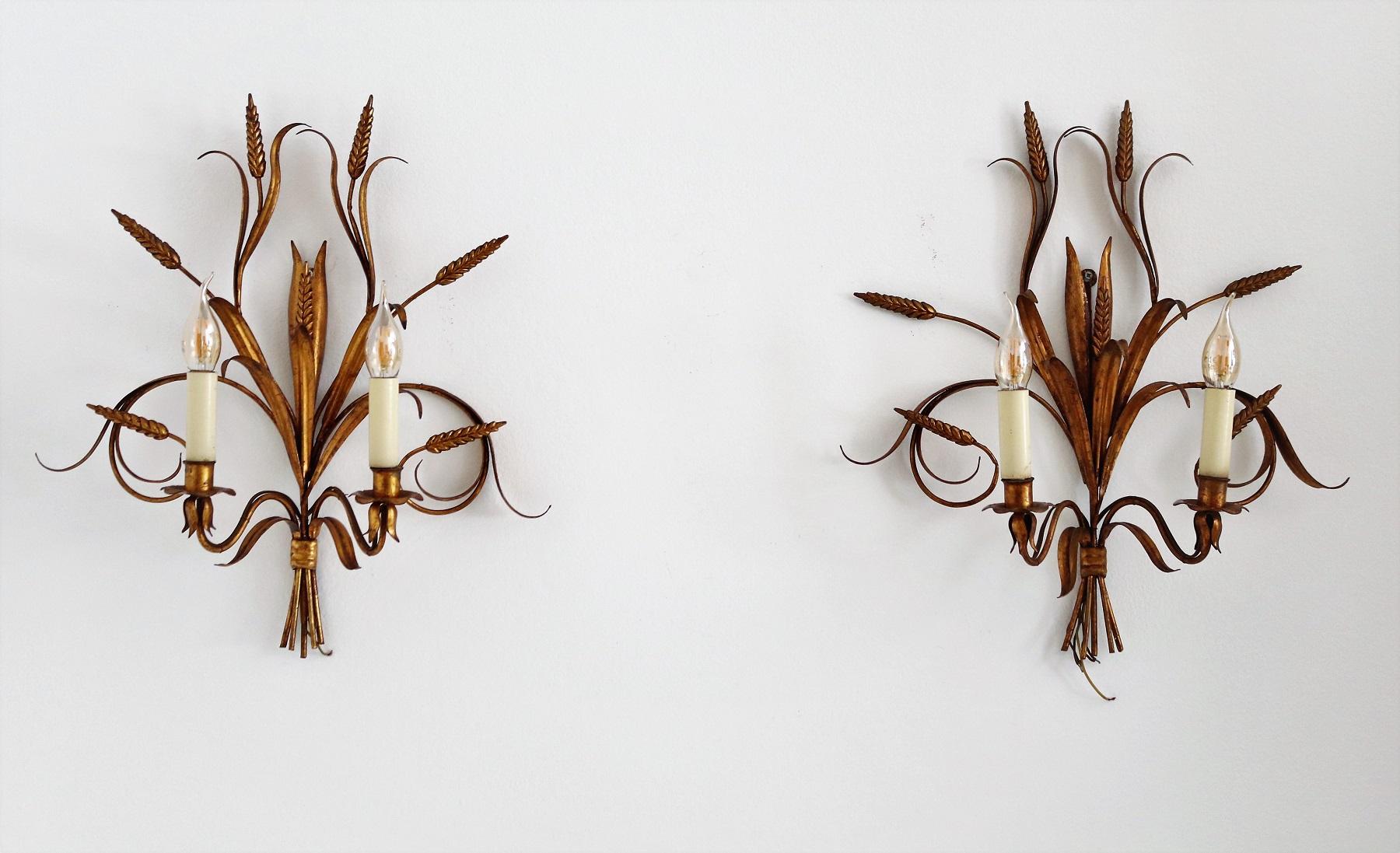 Mid-Century Modern Italian Midcentury Gilt Tole Wall Sconces with Wheat Sheaf, 1950s, Set of Five For Sale