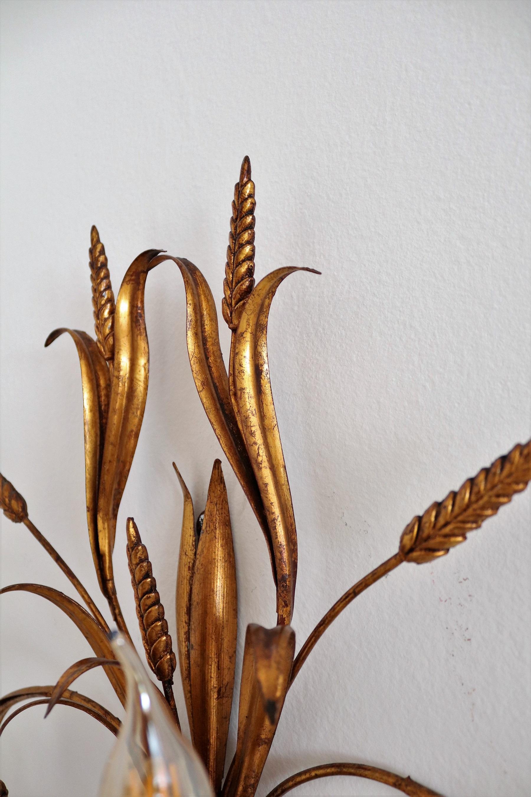 Metal Italian Midcentury Gilt Tole Wall Sconces with Wheat Sheaf, 1950s, Set of Five For Sale