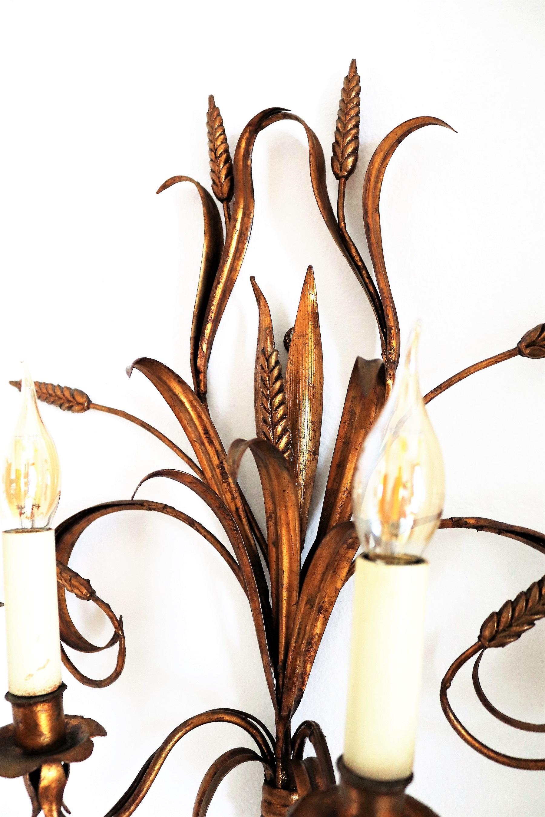 Italian Midcentury Gilt Tole Wall Sconces with Wheat Sheaf, 1950s, Set of Five For Sale 1