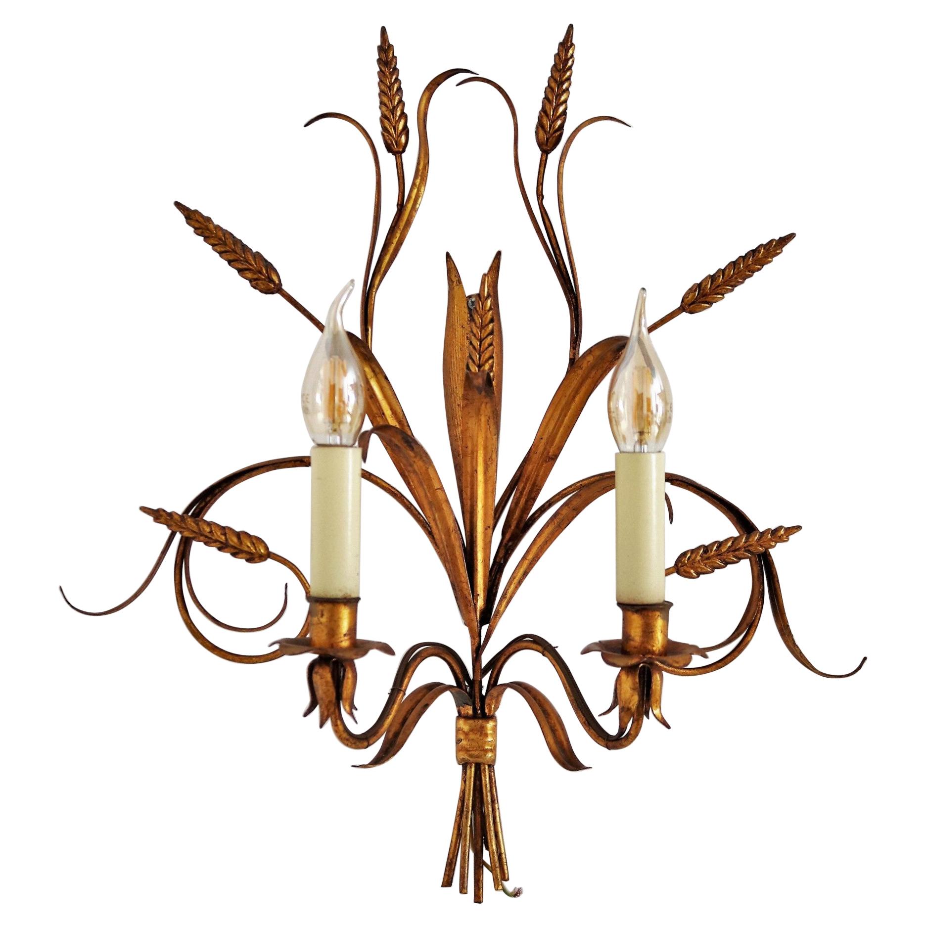 Italian Midcentury Gilt Tole Wall Sconces with Wheat Sheaf, 1950s, Set of Five