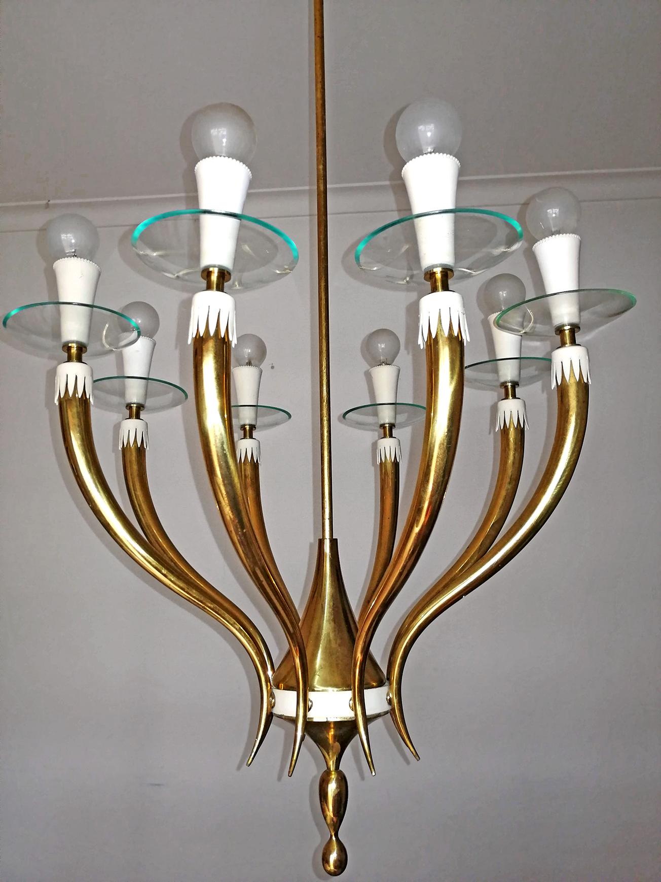 Painted Italian Midcentury Gio Ponti for Fontana Art Glass Gilt Brass 8-Light Chandelier For Sale