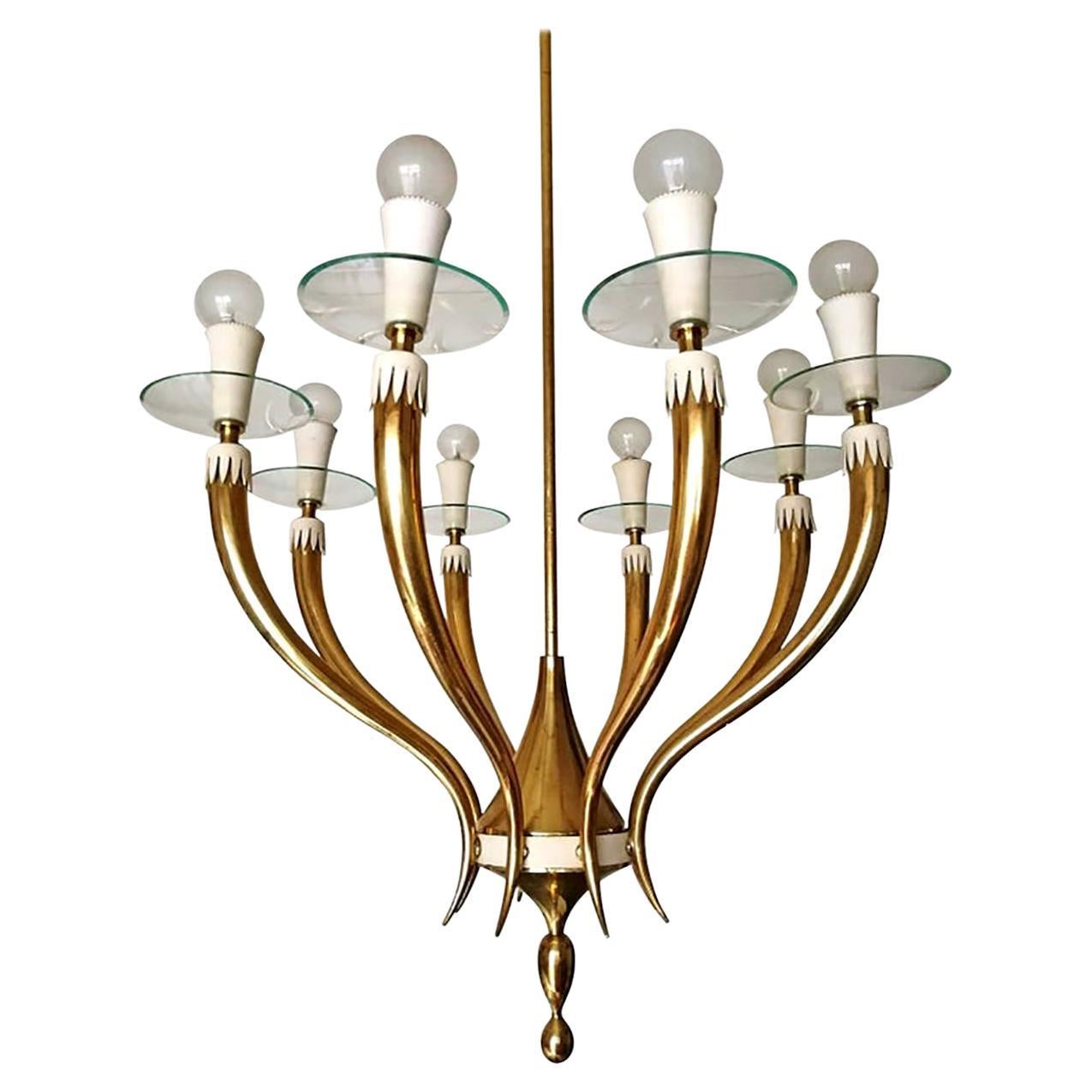 Italian Midcentury Gio Ponti for Fontana Art Glass Gilt Brass 8-Light Chandelier