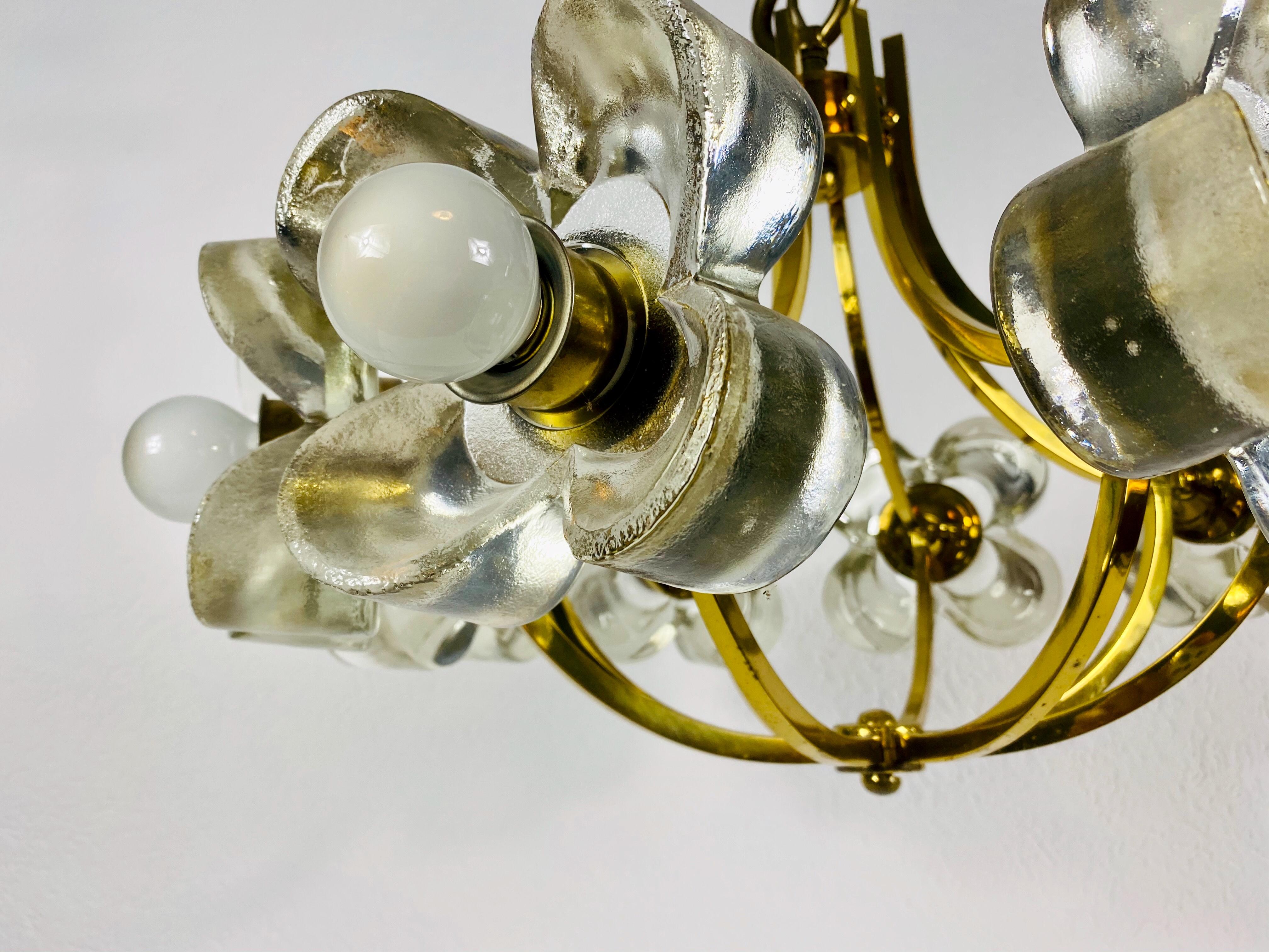 Mid-20th Century Italian Midcentury Glass and Brass 8-Arm Chandelier Mazzega Attributed, 1960s For Sale