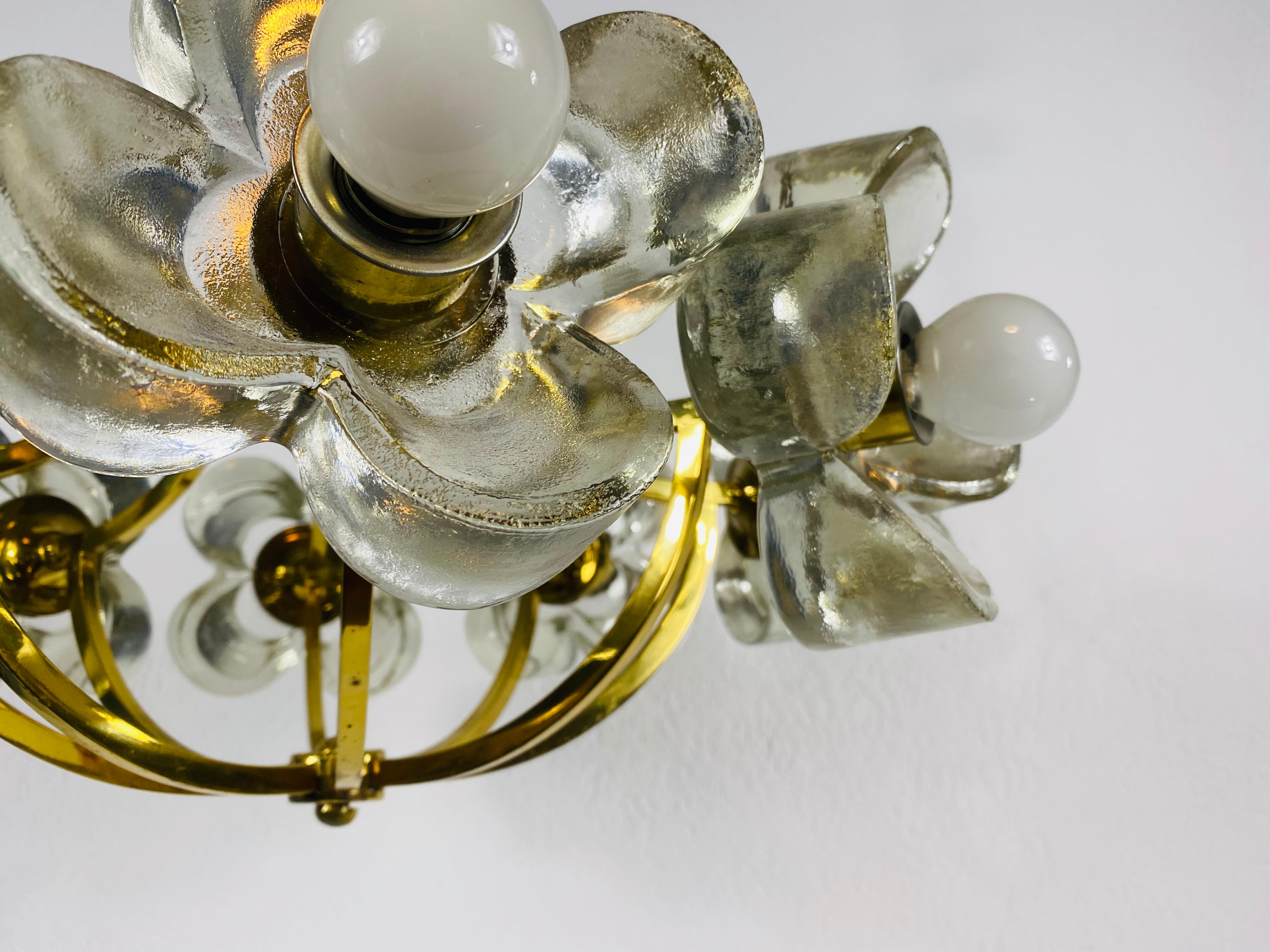Murano Glass Italian Midcentury Glass and Brass 8-Arm Chandelier Mazzega Attributed, 1960s For Sale