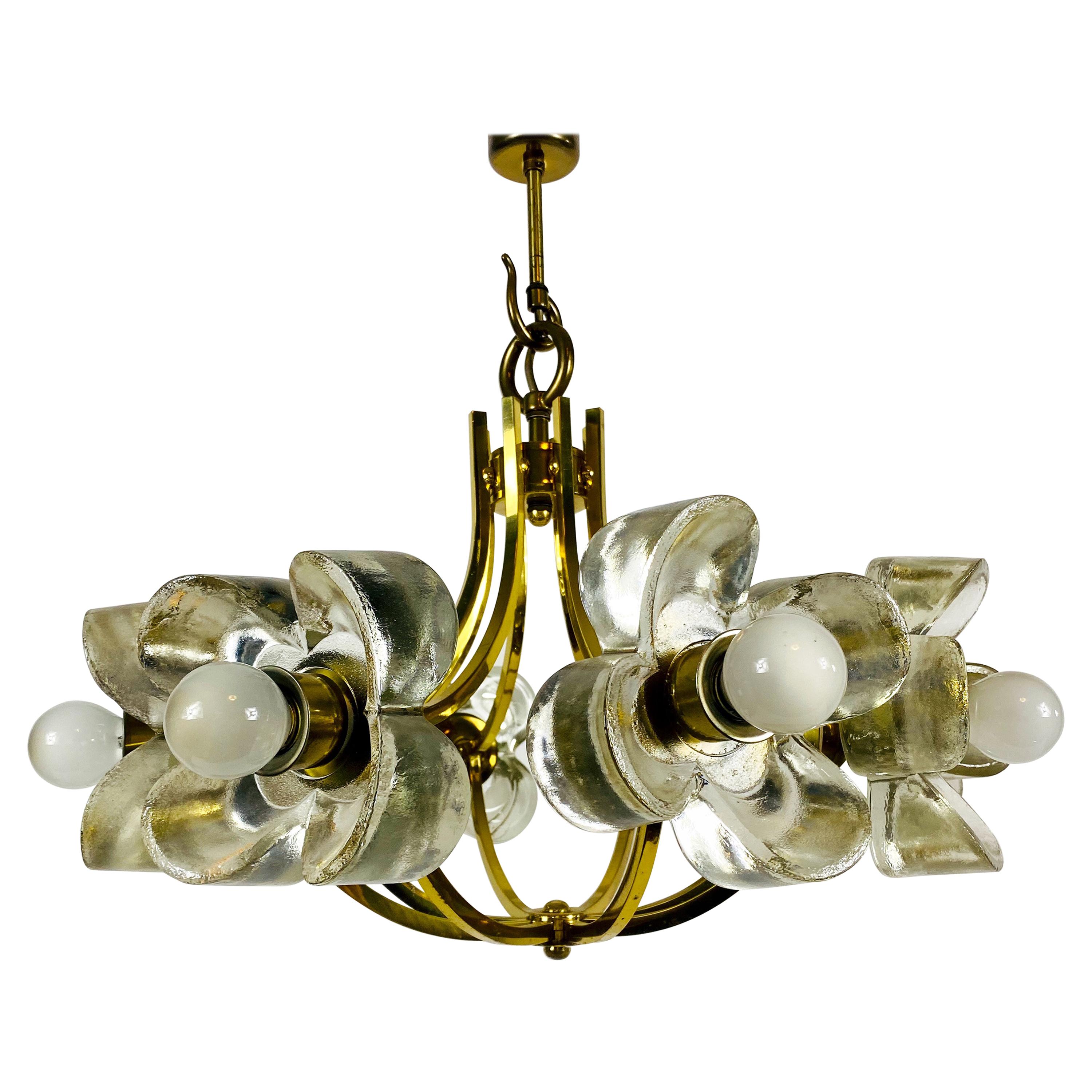 Italian Midcentury Glass and Brass 8-Arm Chandelier Mazzega Attributed, 1960s