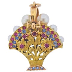 Italian Midcentury Gold Sapphire Ruby Pearl Bridal Charm Pendant