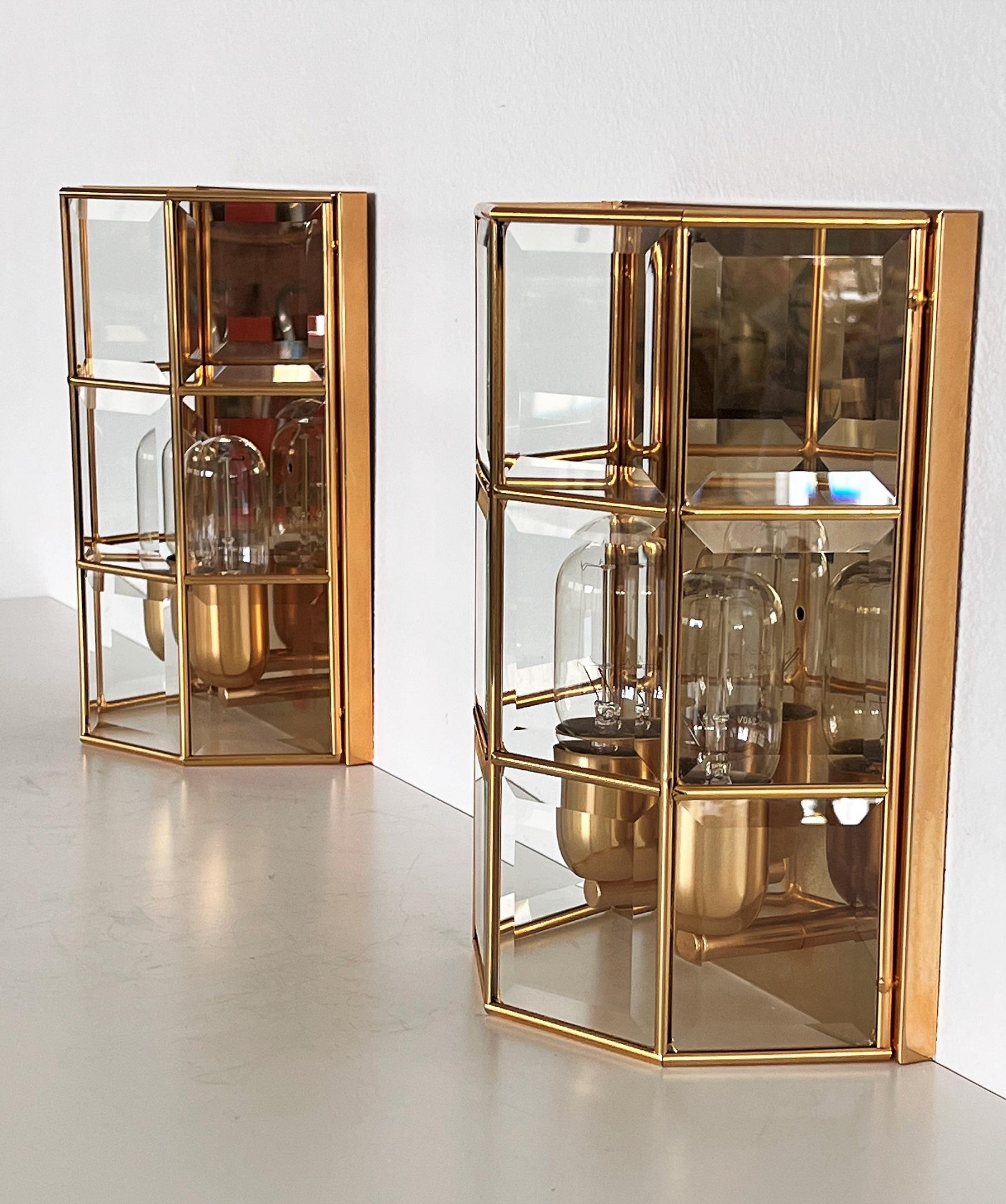 Metal Italian Midcentury Golden Wall Sconces in Cut Glass with Brass Finish, 1970s For Sale