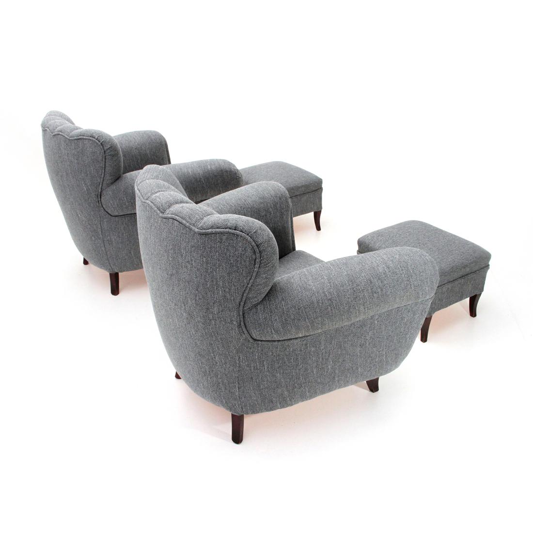 Fabric Italian Midcentury Gray Armchair with Pouf, 1950s, Set of 2