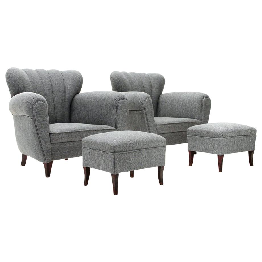 Italian Midcentury Gray Armchair with Pouf, 1950s, Set of 2