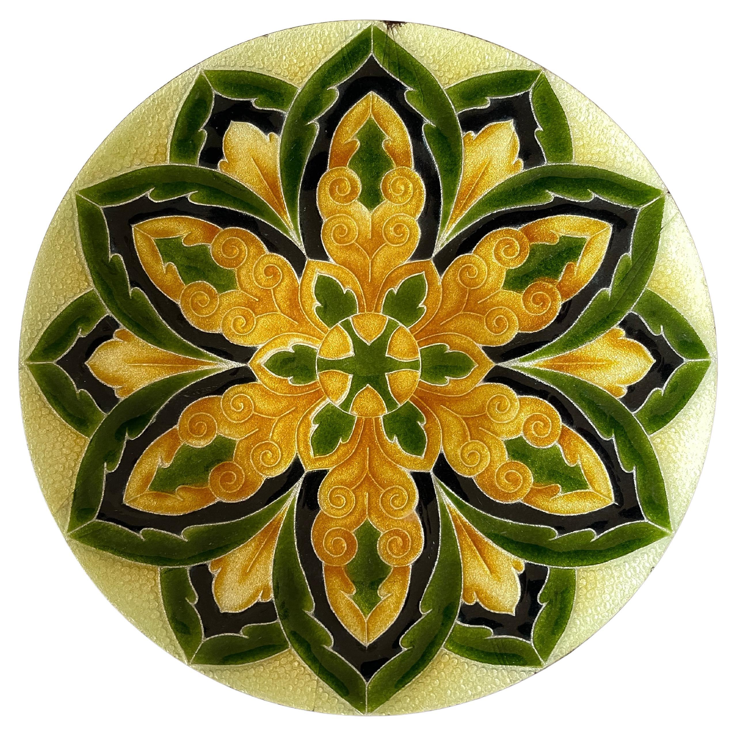 Italian Mid-Century Green and Gold Mandala Enameled Copper Round Vide Poche Tray For Sale