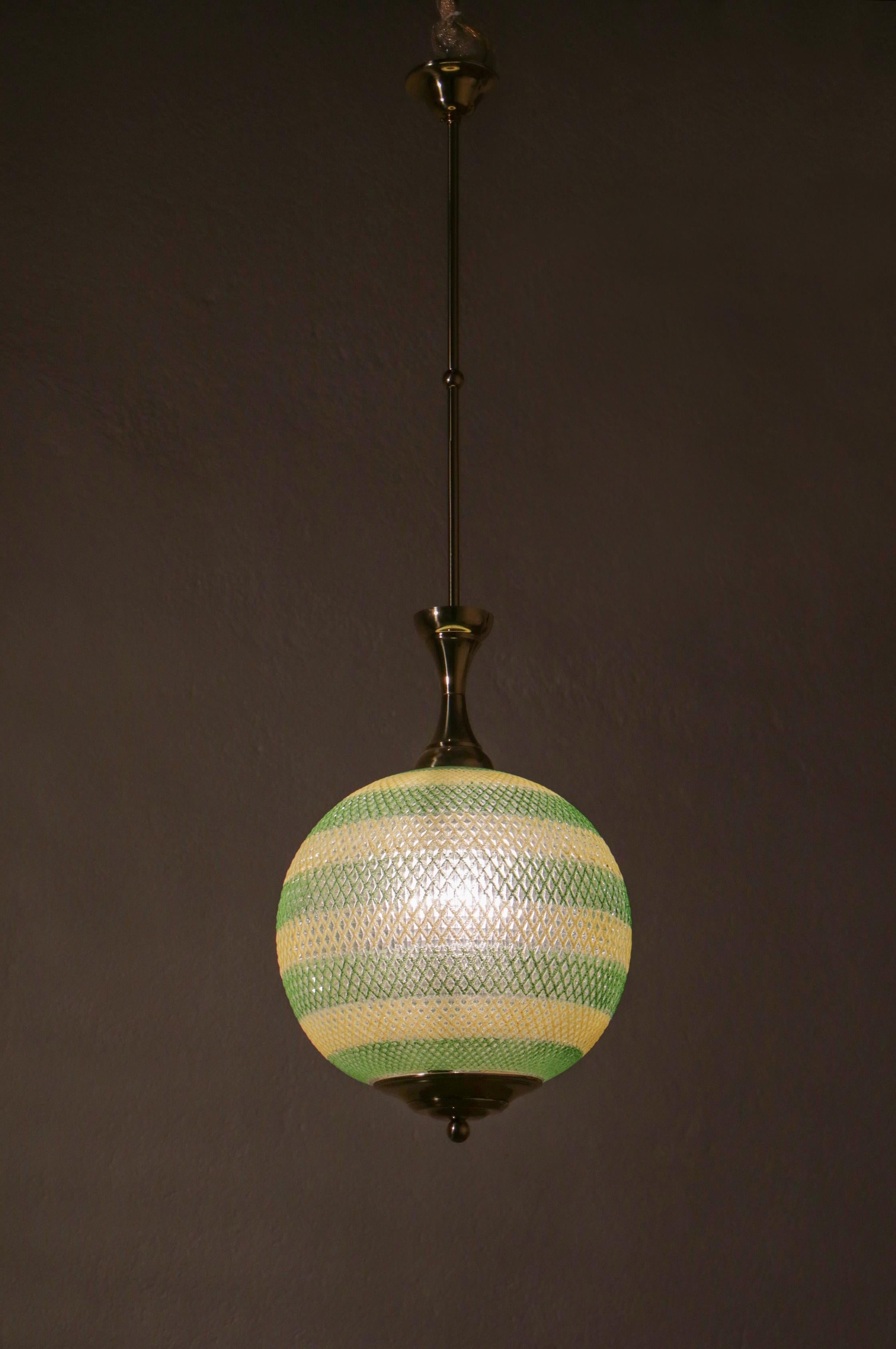 Italian Midcentury Green and Yellow Glass Pendant Lamp, 1960s 7