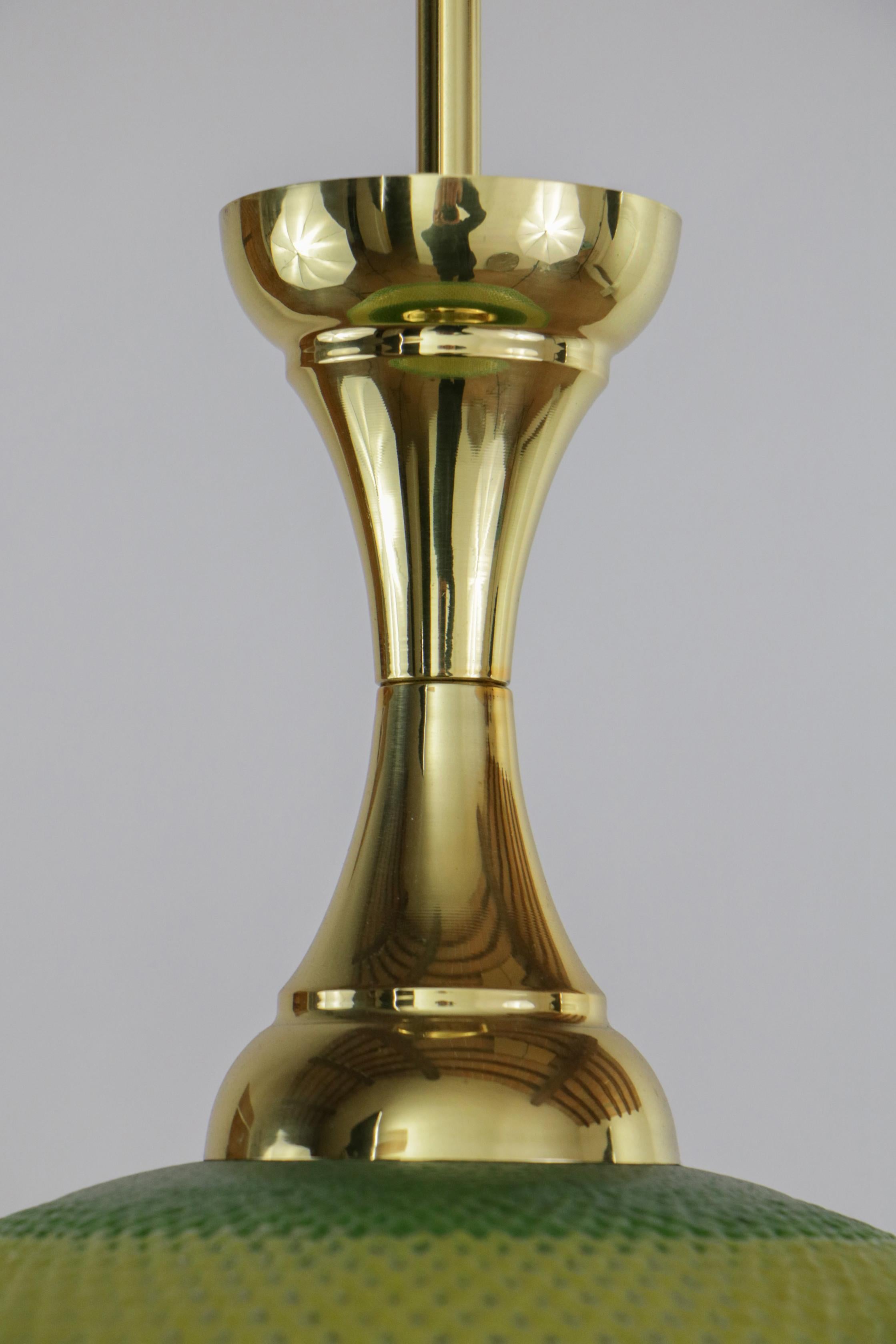Brass Italian Midcentury Green and Yellow Glass Pendant Lamp, 1960s