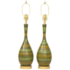 Italian Midcentury Green Striped Ceramic Lamps