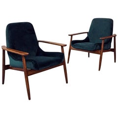 Italian Midcentury Green Velvet and Wood Armchairs in Style of G. Radice, 1950s