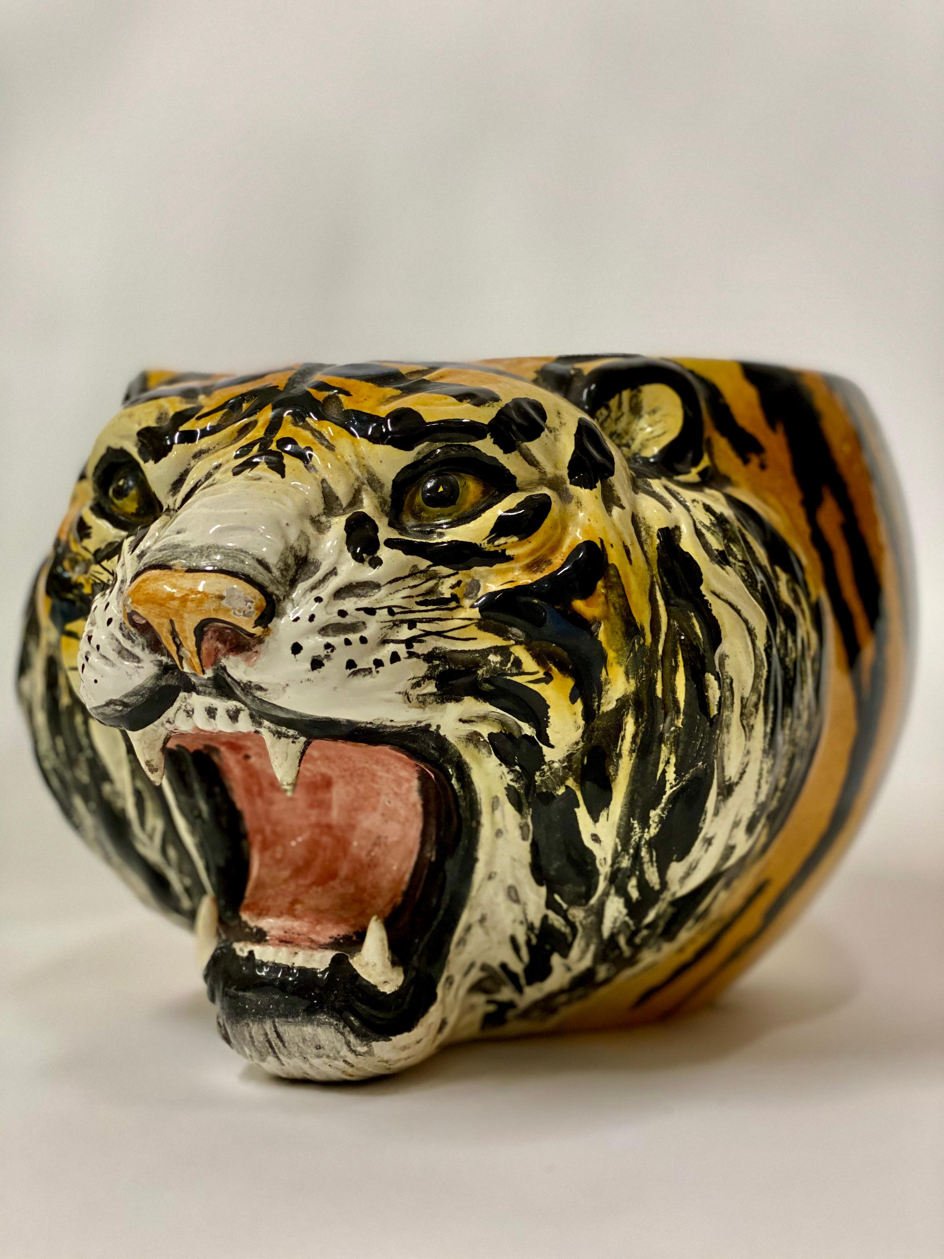 Vintage Mid Century Chartreuse Ceramic Prowling Tiger Planter