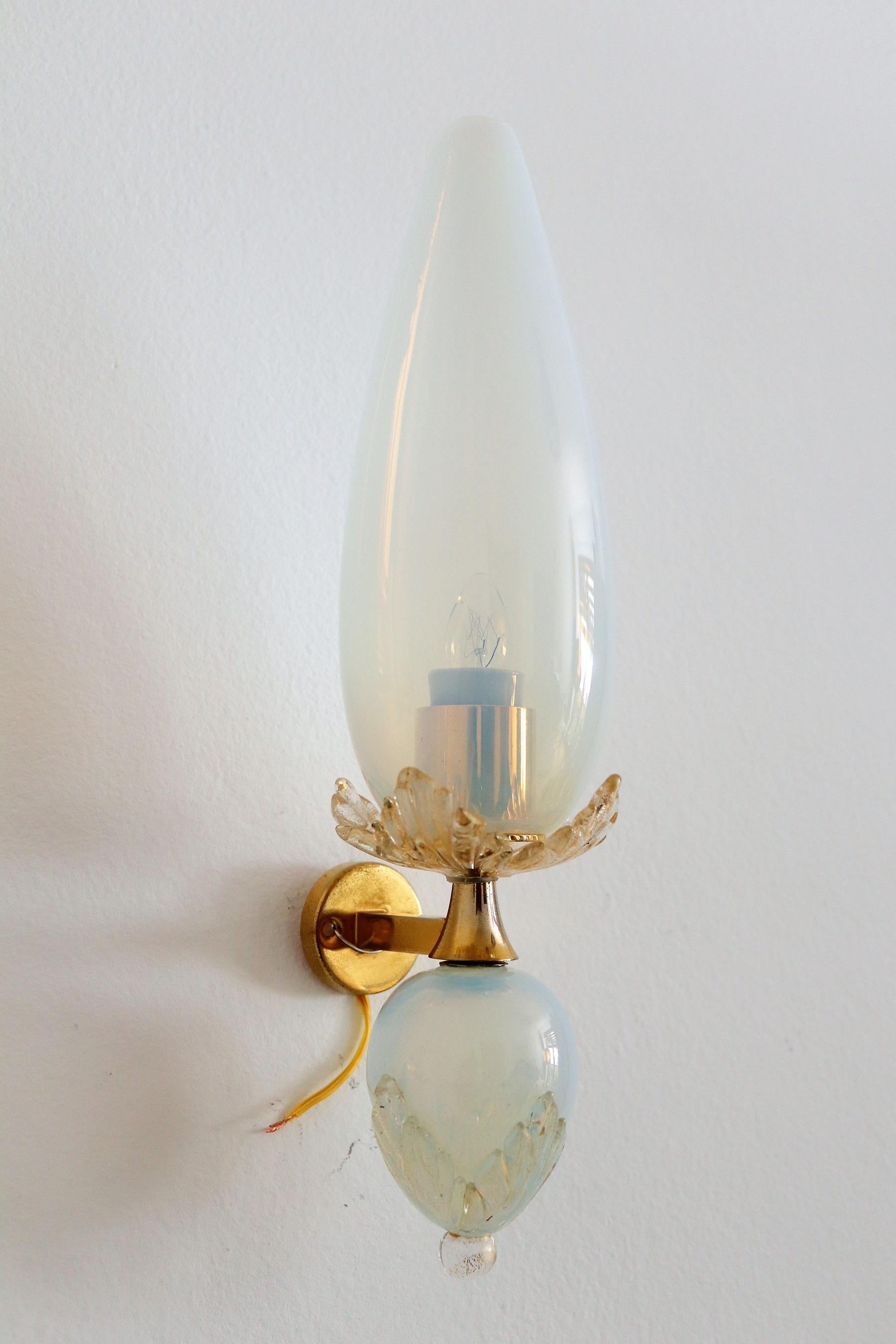Metal Italian Midcentury Handcrafted Opaline Murano Glass Wall Sconces by Venini 1970s