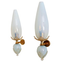 Italian Midcentury Handcrafted Opaline Murano Glass Wall Sconces by Venini 1970s