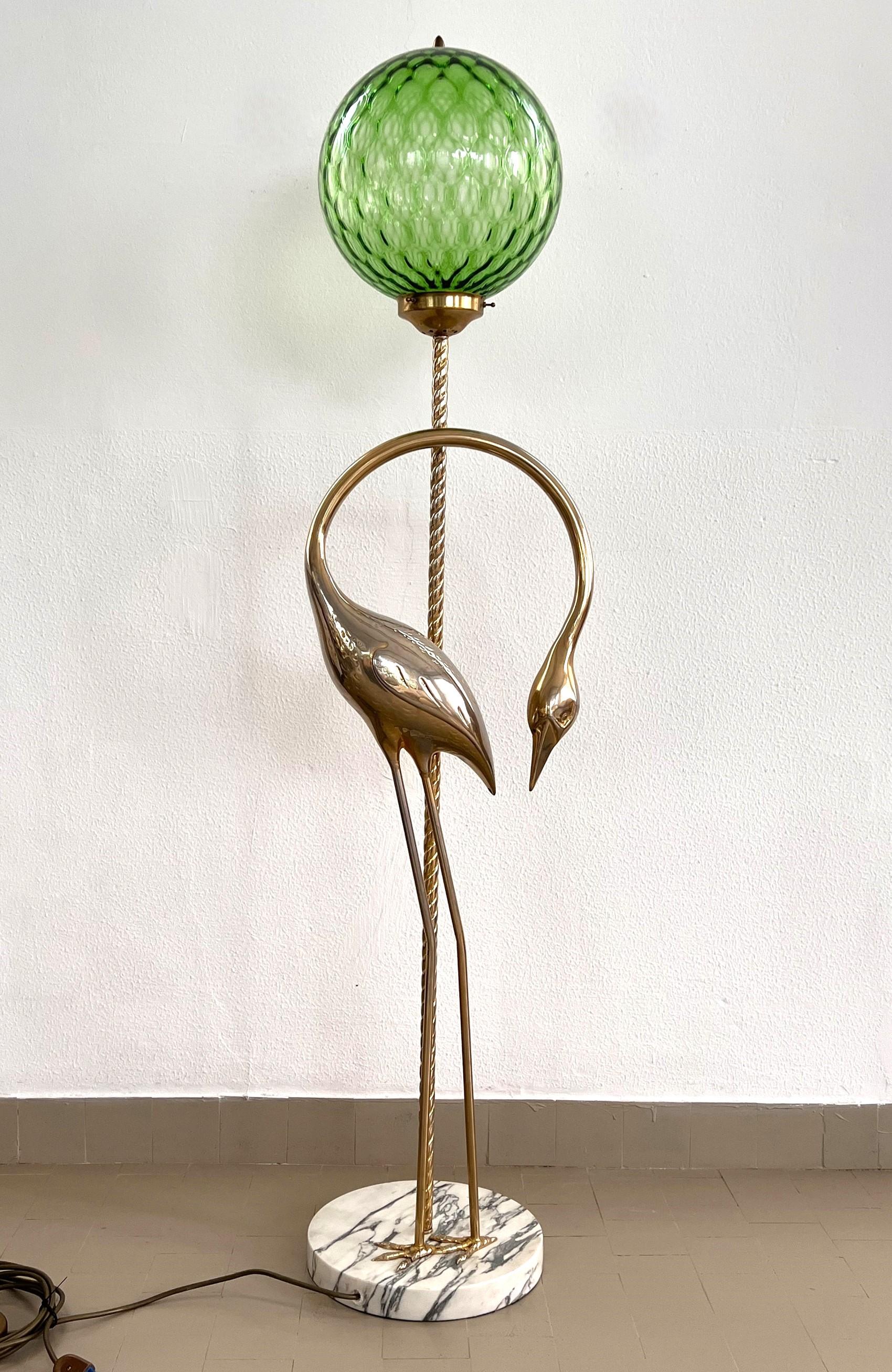 Italian Midcentury Heron Sculptured Floor Lamp with Murano Glass Sphere, 1970s In Good Condition In Morazzone, Varese
