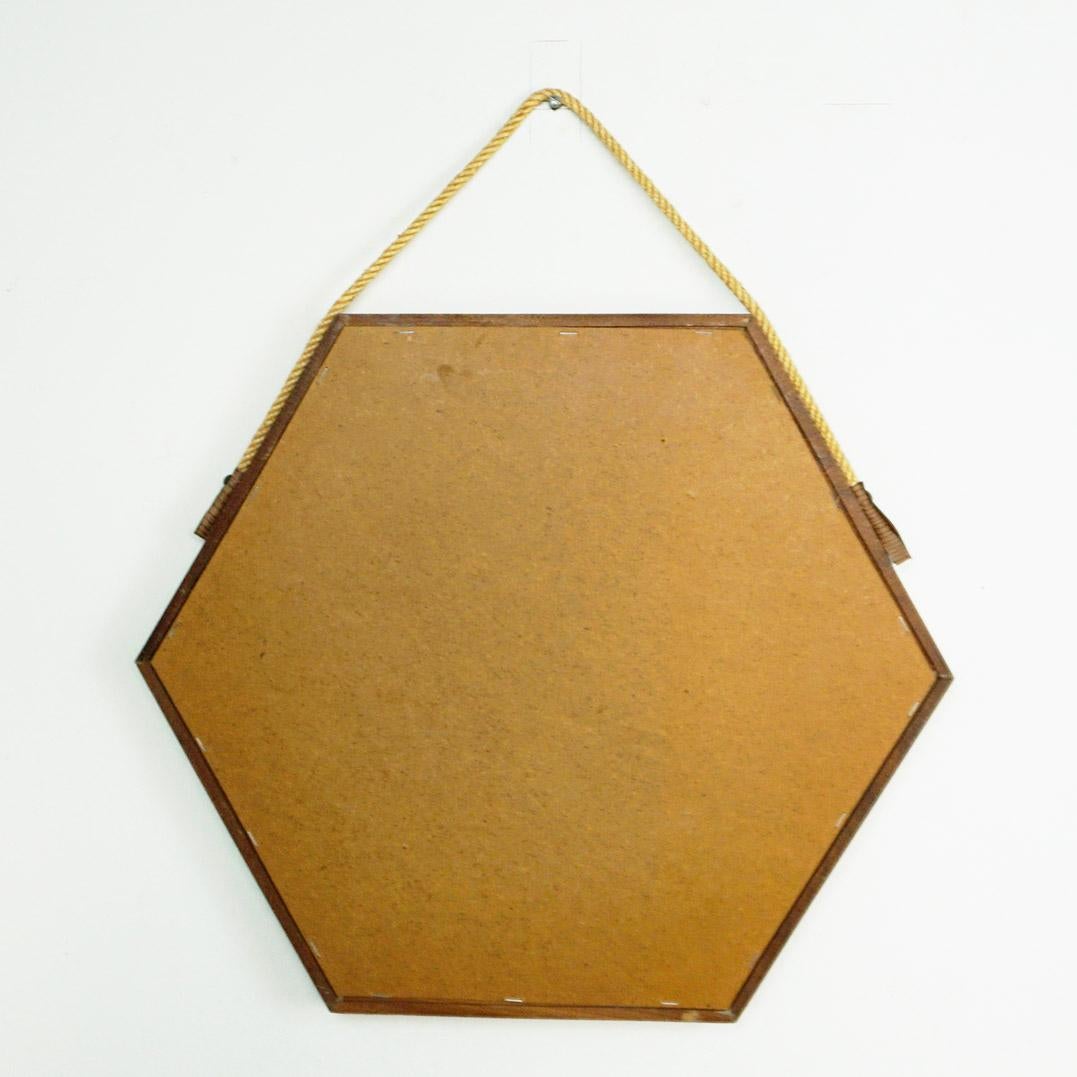 Faux Leather Italian Midcentury Hexagon Teak and Rope Wall Mirror For Sale