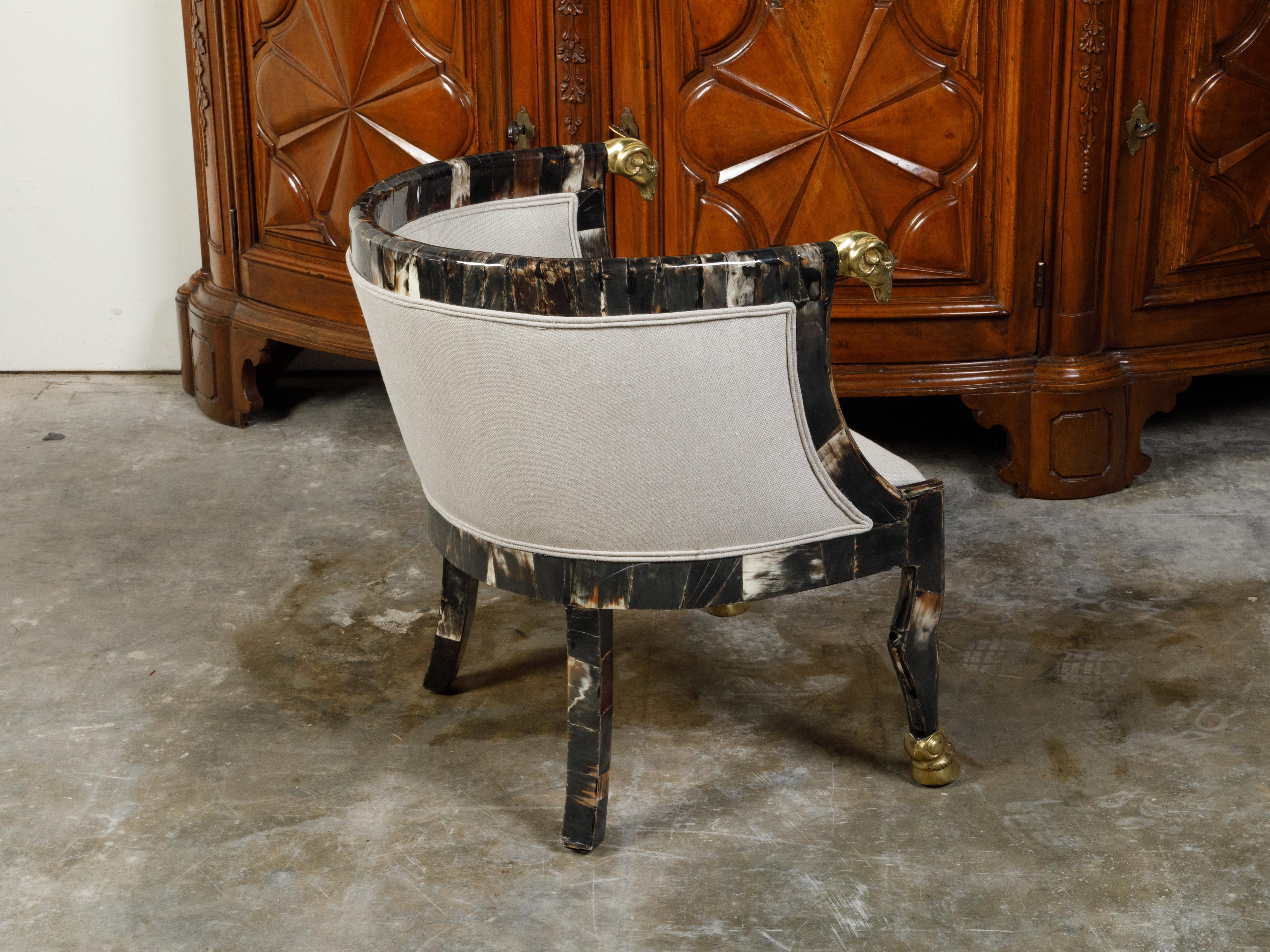 Italian Midcentury Horn Tub Chair with Gilt Rams' Heads and New Upholstery For Sale 4