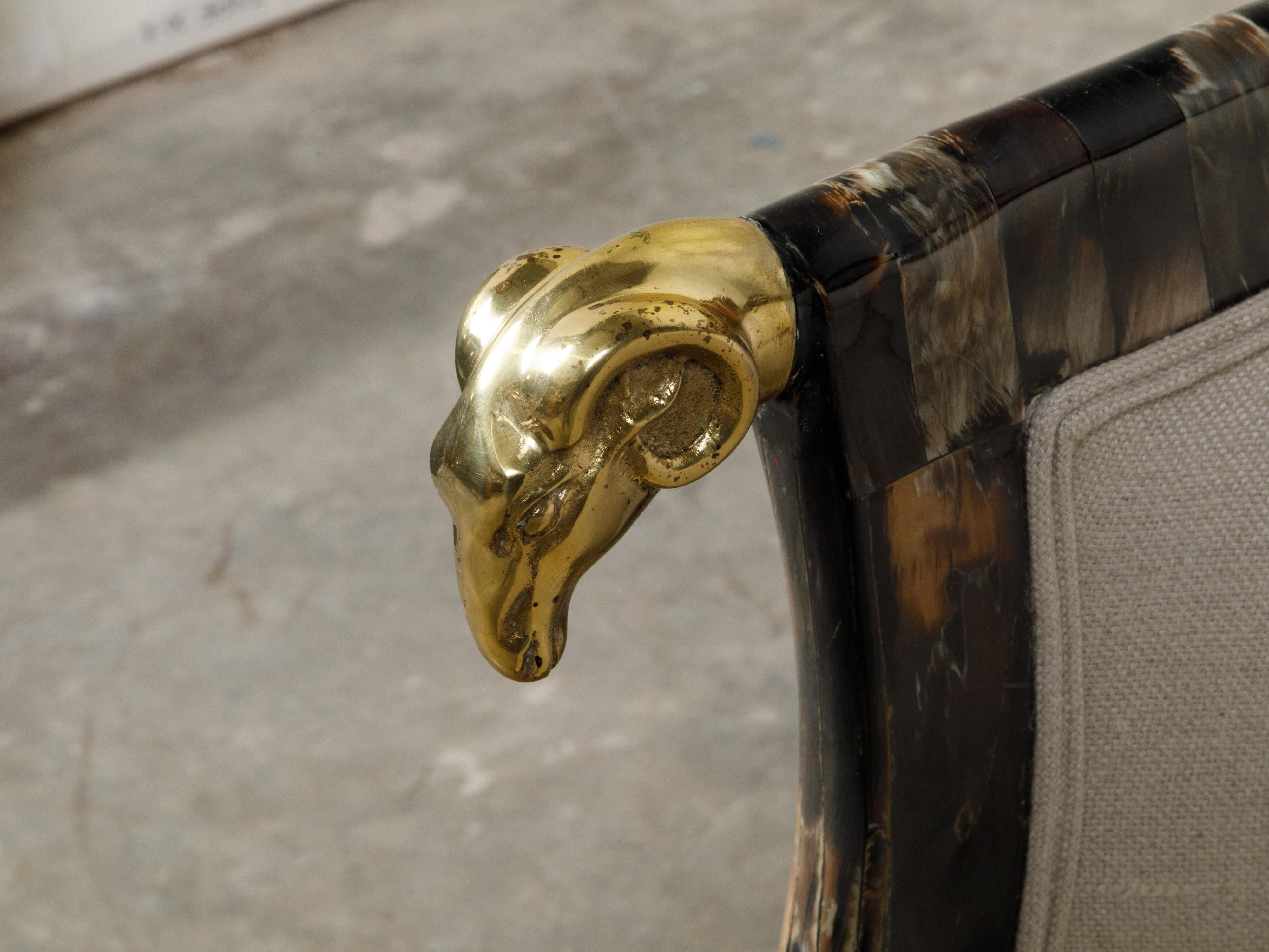 Mid-Century Modern Italian Midcentury Horn Tub Chair with Gilt Rams' Heads and New Upholstery For Sale