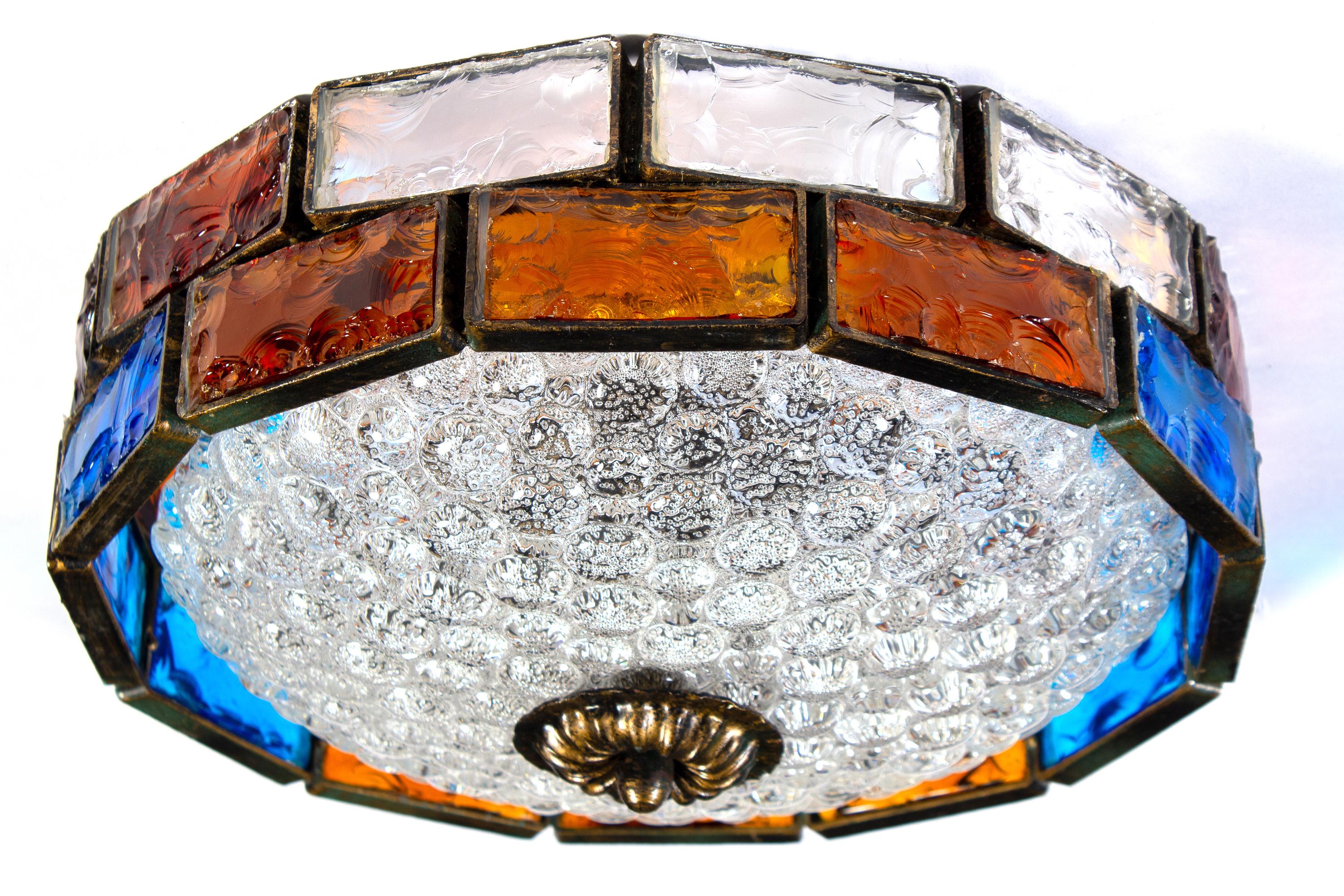 Mid-Century Modern Italian Midcentury Iron and Colorful Murano Glass Ceiling Lights or Flush Mounts For Sale
