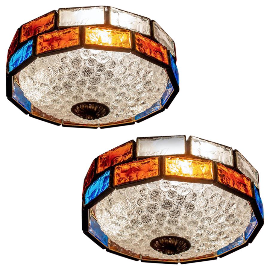 Italian Midcentury Iron and Colorful Murano Glass Ceiling Lights or Flush Mounts For Sale