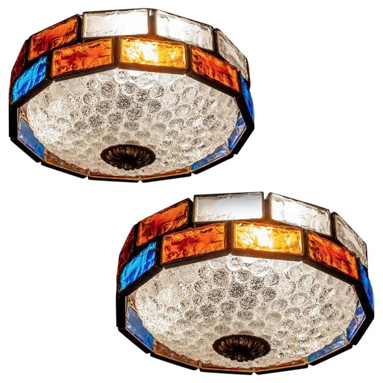 Italian Midcentury Iron And Colorful Murano Glass Ceiling Lights