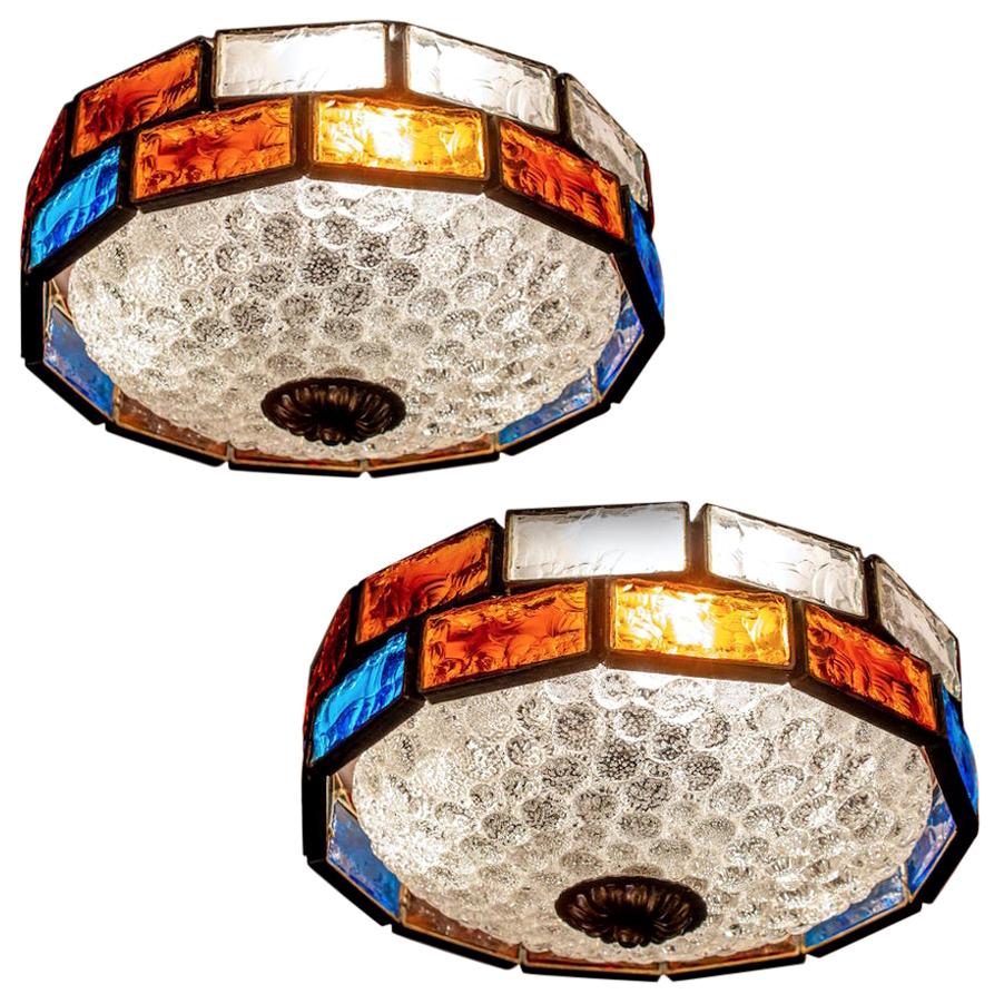 Italian Midcentury Iron and Colorful Murano Glass Ceiling Lights or Flush Mounts For Sale