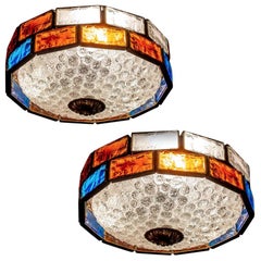Italian Midcentury Iron and Colorful Murano Glass Ceiling Lights or Flush Mounts