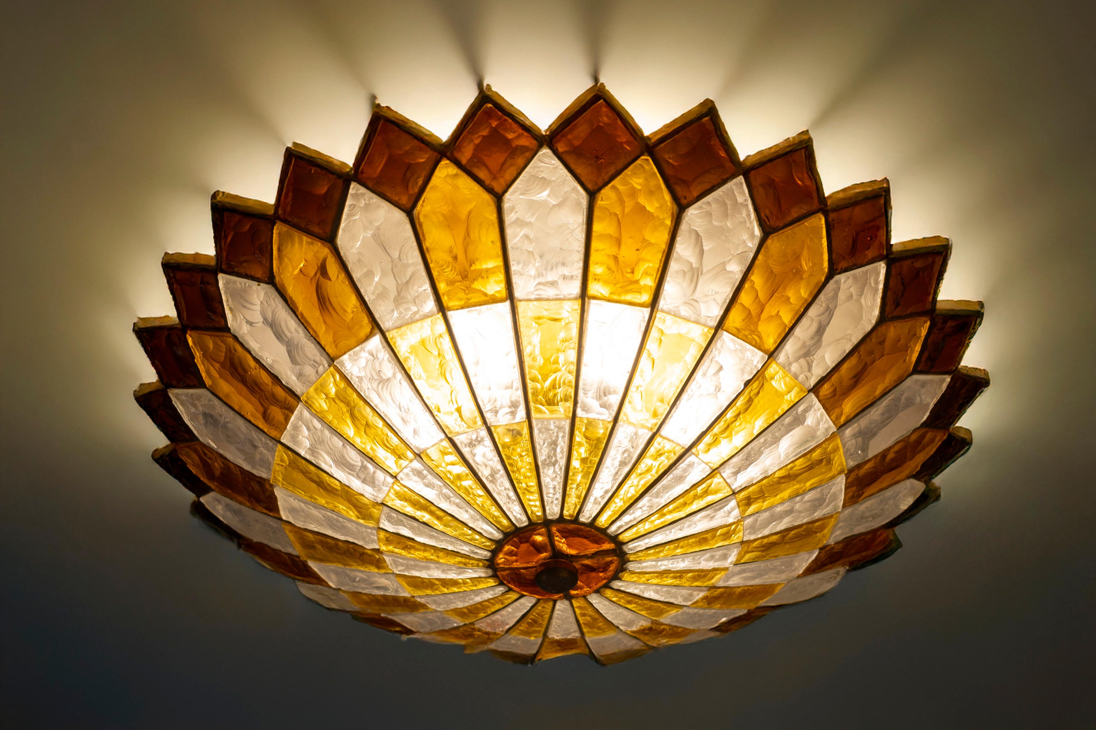 Italian Midcentury Iron and Multicolor Murano Glass Ceiling light or Flush Mount For Sale 2