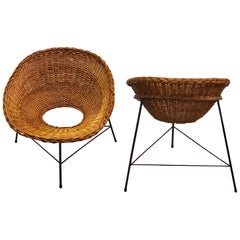 Used Italian Mid-century Iron and Rattan Lounge Chairs Augusto Bozzi Attributed, Pair