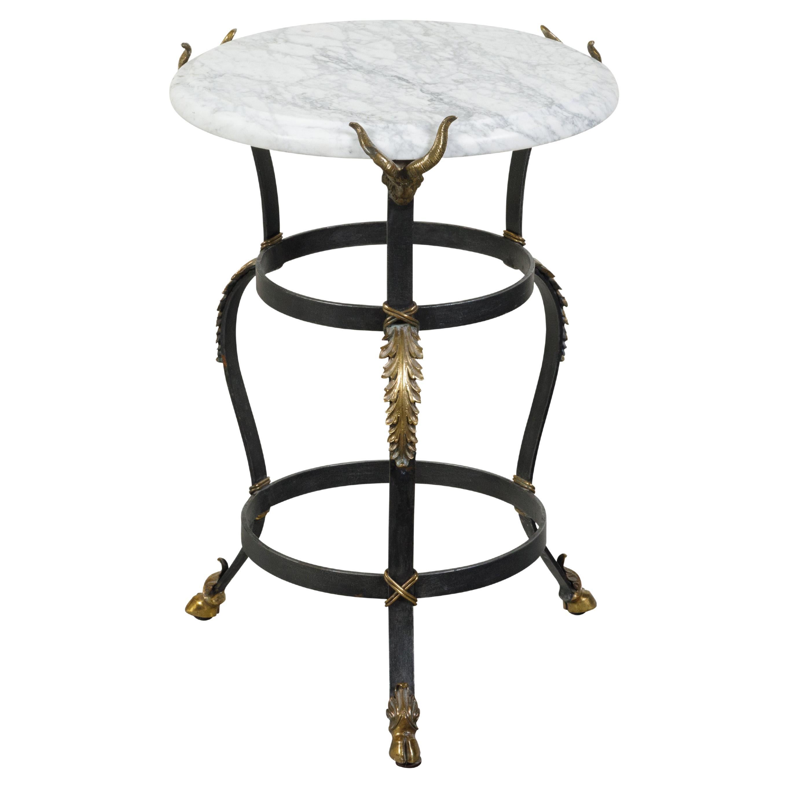 Italian Mid-Century Iron Side Table with White Marble Top and Bronze Rams' Heads