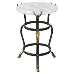 Vintage Italian Mid-Century Iron Side Table with White Marble Top and Bronze Rams' Heads