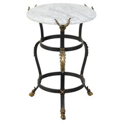 Italian Mid-Century Iron Side Table with White Marble Top and Bronze Rams' Heads