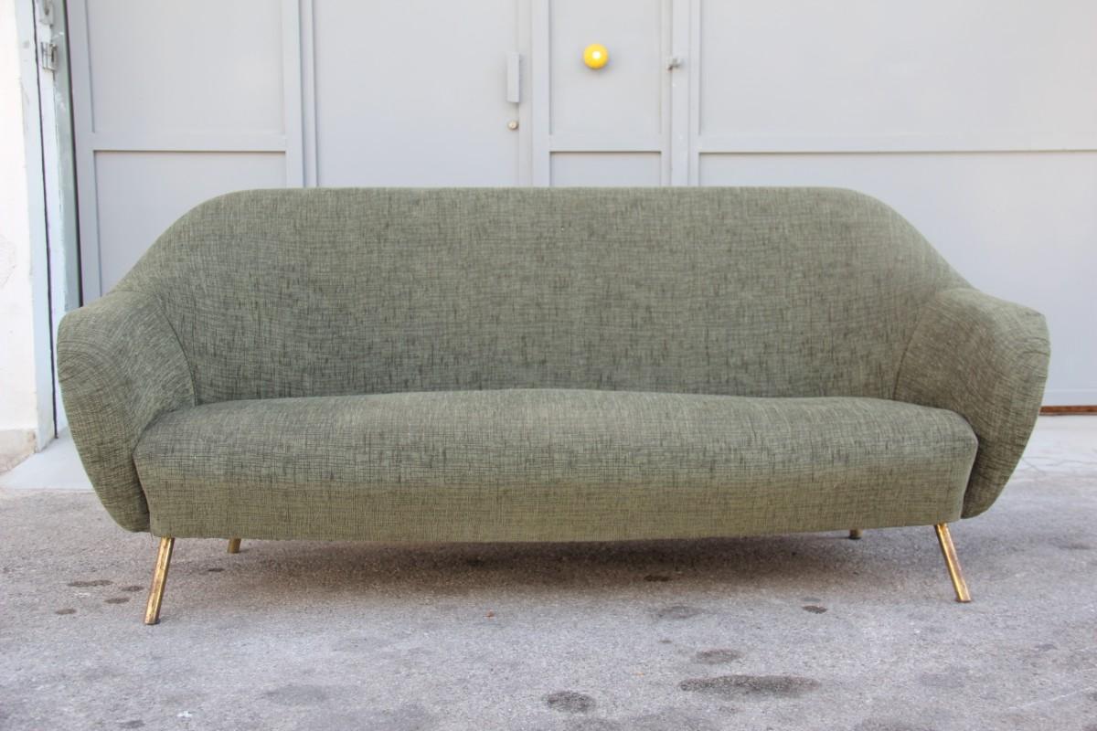 Italian Midcentury Italian Sofa Green Color Brass Feet 1950s Velvet Fabric 2