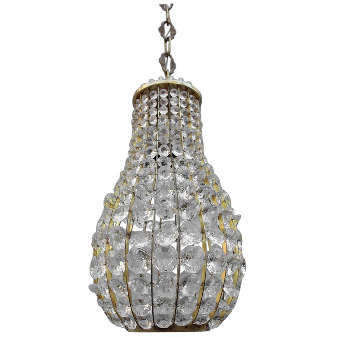 Italian Midcentury Lantern in Crystal and Brass 1950s Pear Shape For Sale