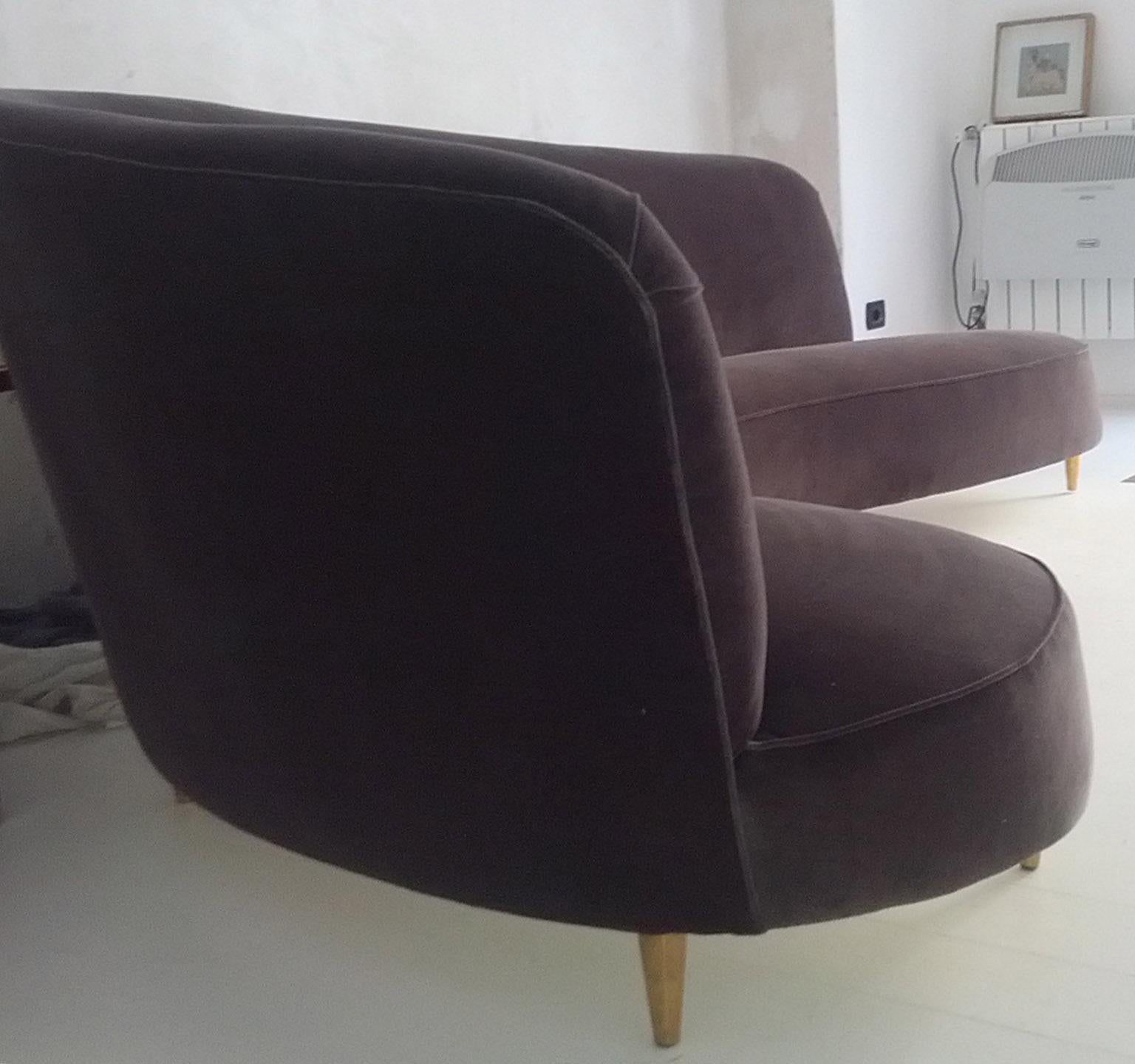 Mid-Century Modern Italian Midcentury Large Curved Sofa, Grey Velvet with Brass Feet, Milano, 1950s