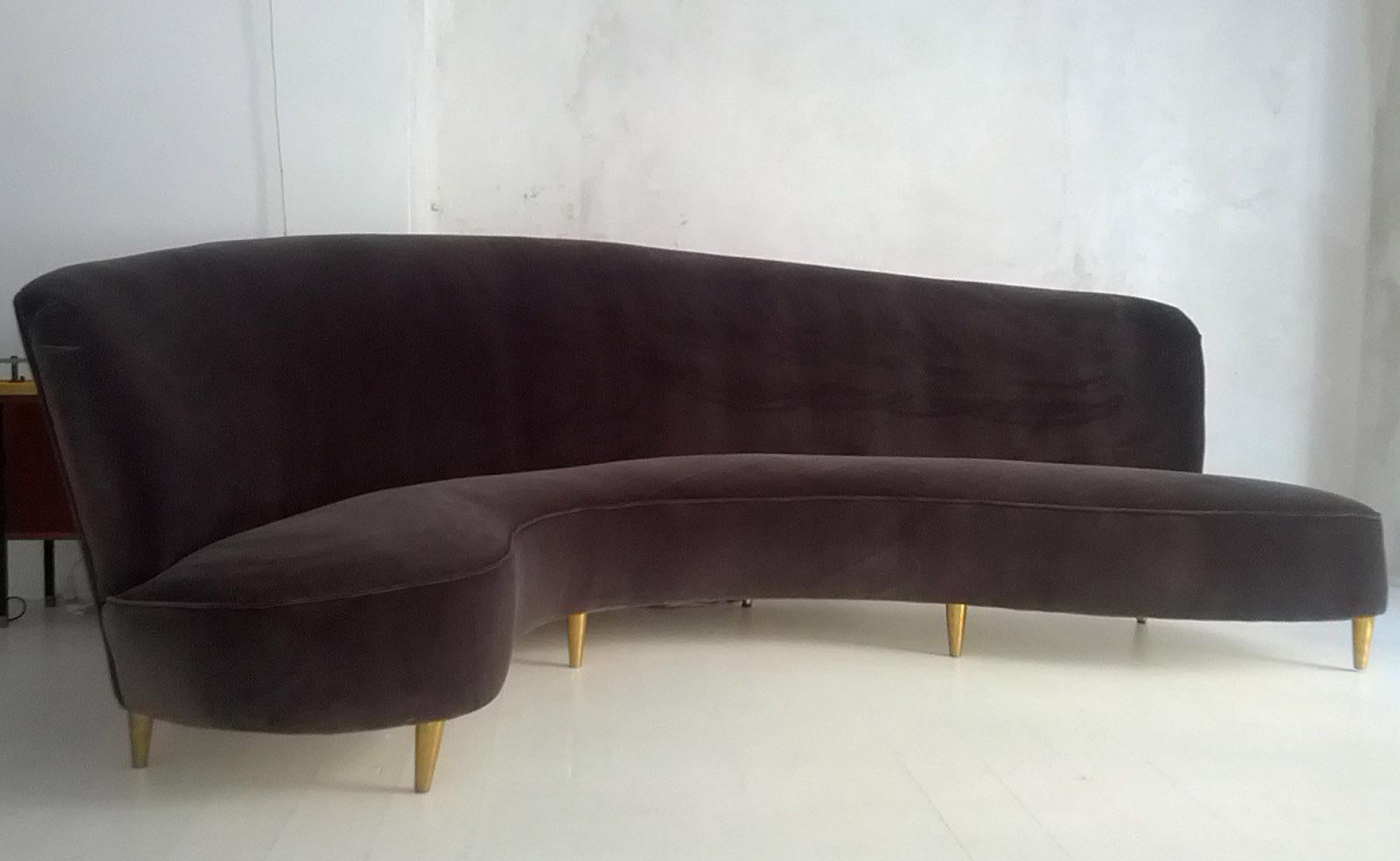 Mid-20th Century Italian Midcentury Large Curved Sofa, Grey Velvet with Brass Feet, Milano, 1950s