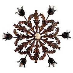 Italian Mid-Century Large Gilt Leaf Flush-Mount Ceiling Light by Hans Kögl 1970s