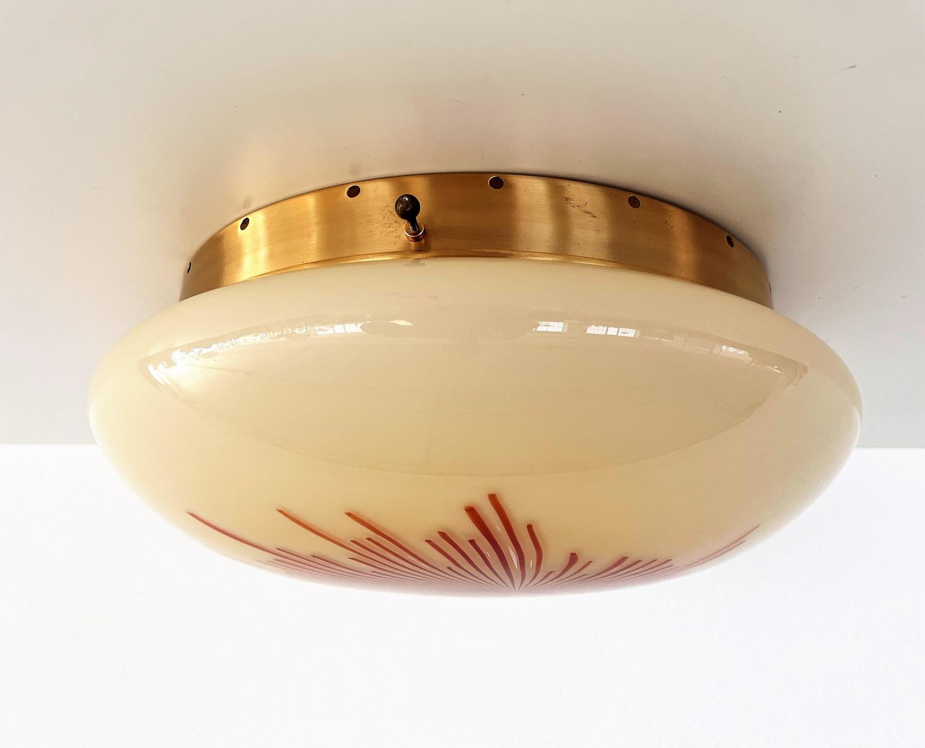 Mid-Century Modern Italian Mid-Century Large Murano Glass and Brass Flush Mount Light, 1970