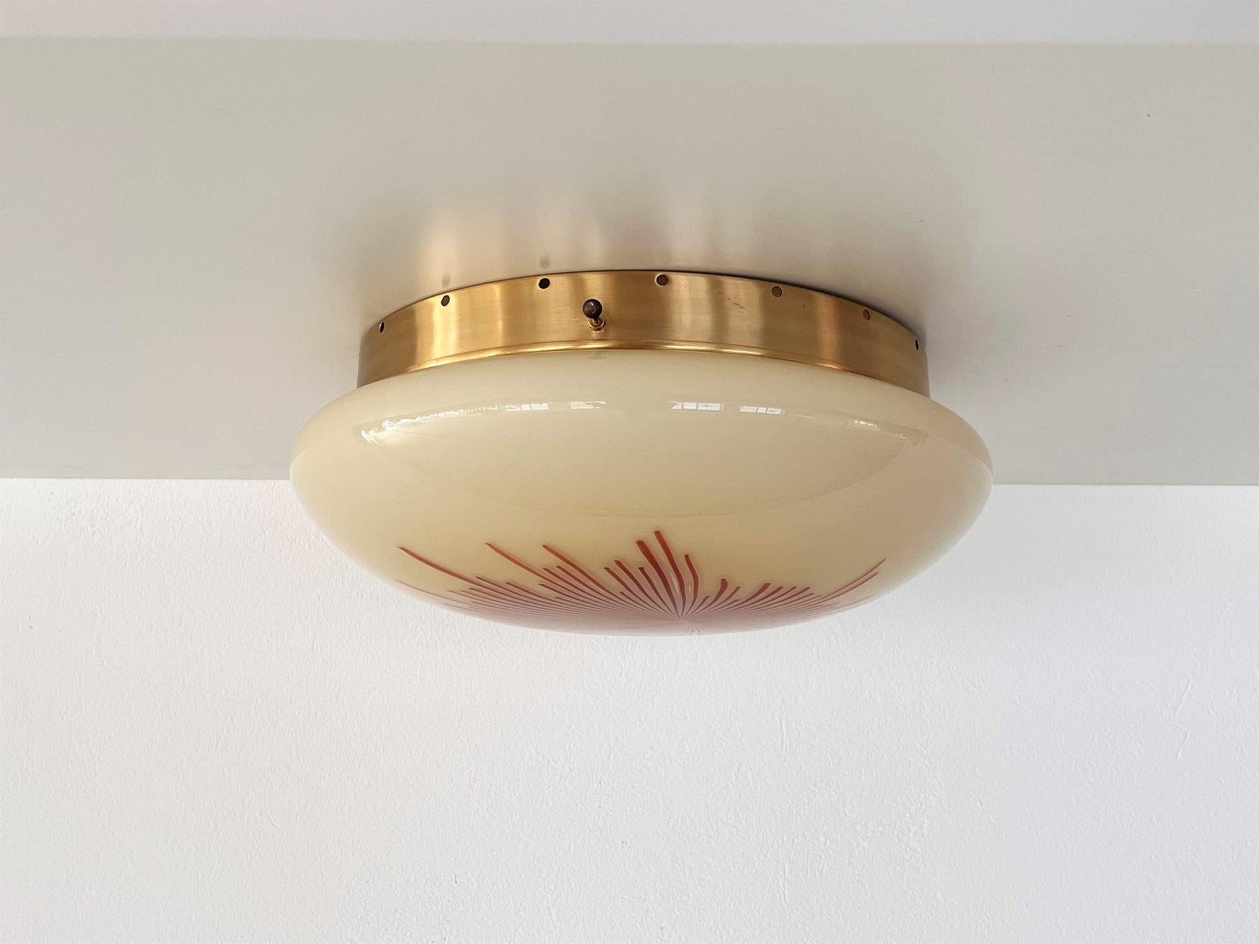 Hand-Crafted Italian Mid-Century Large Murano Glass and Brass Flush Mount Light, 1970