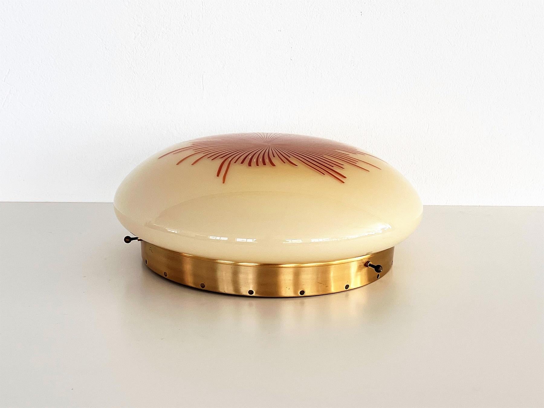 Italian Mid-Century Large Murano Glass and Brass Flush Mount Light, 1970 3