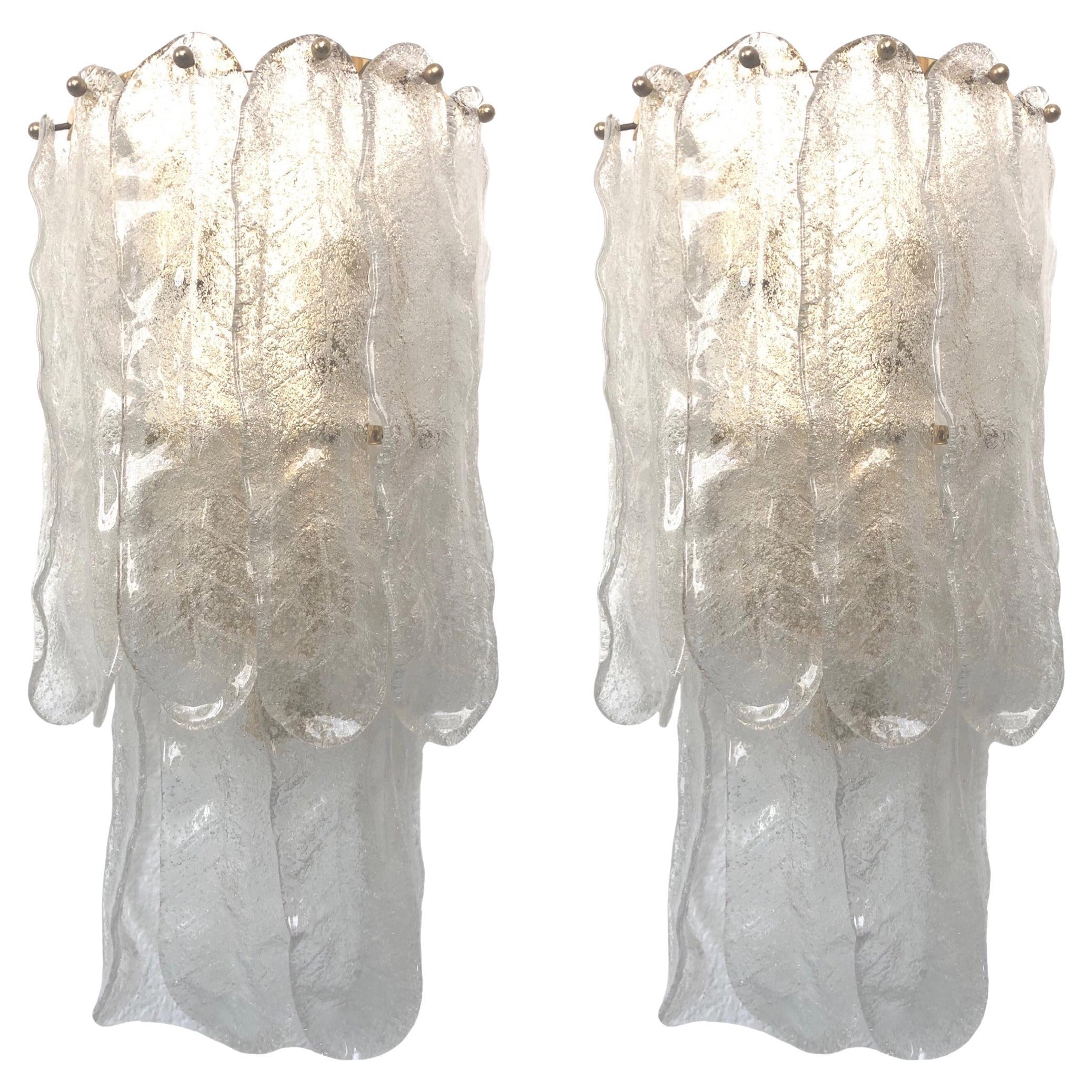 Italian Midcentury Large Pair of Leaf Murano Wall Sconces by Mazzega, 1970s