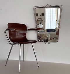 Italian Midcentury Large Size Wall Mirror with Brass Frame and Decor, 1950s